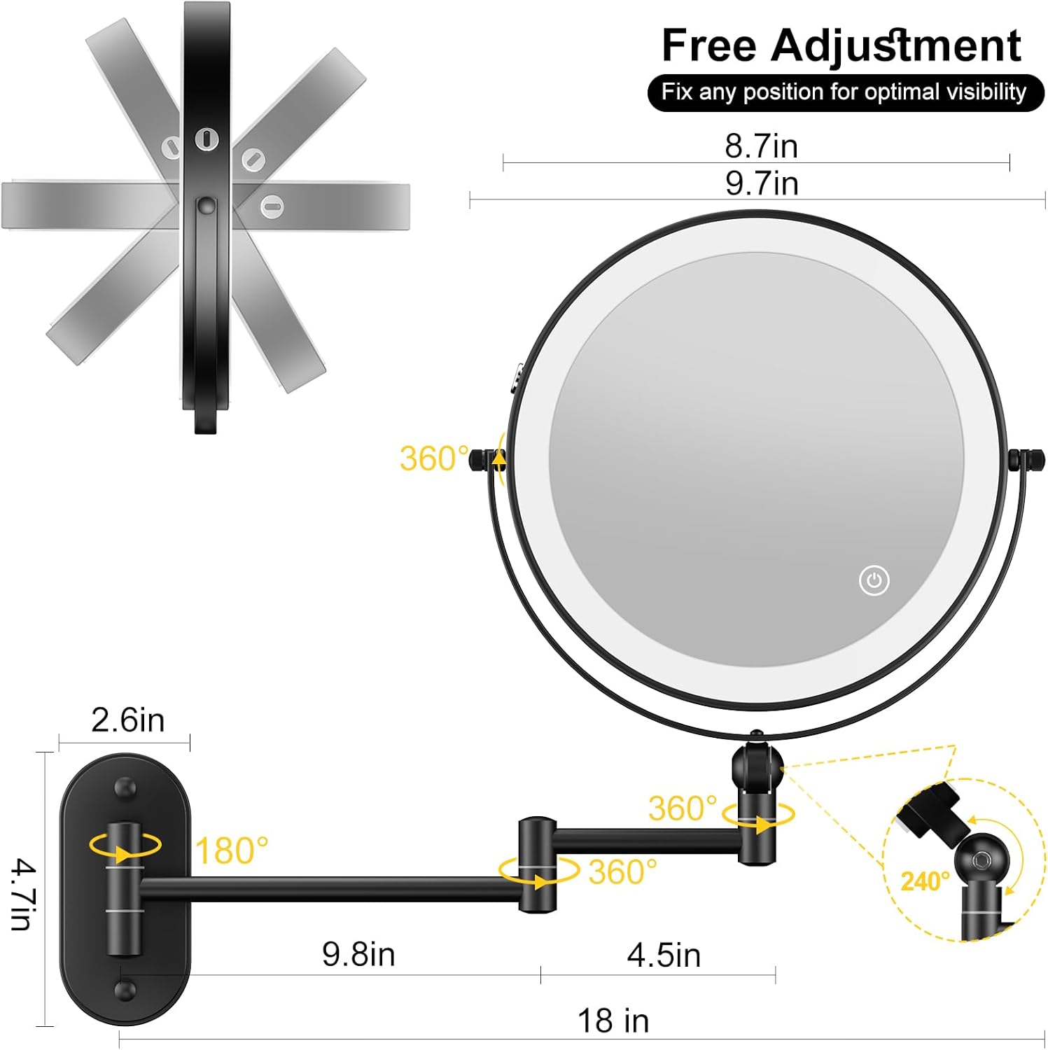 9-inch Rechargeable Wall-Mounted Makeup Mirror with 10x Magnification