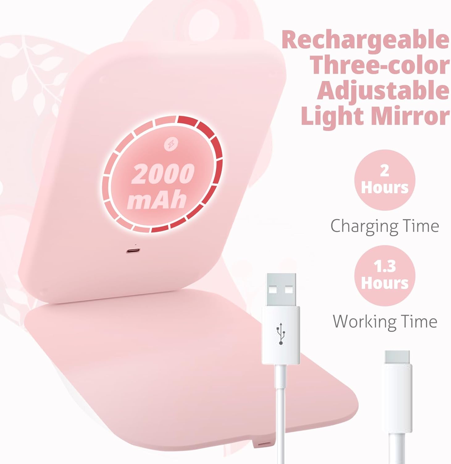 Travel Makeup Mirror 2000mAh Battery-Powered Illuminated Mirror Pink