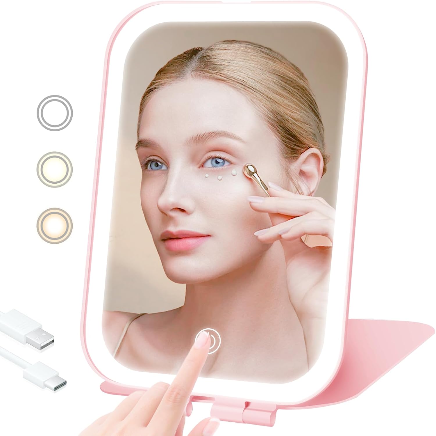 Travel Makeup Mirror 2000mAh Battery-Powered Illuminated Mirror Pink