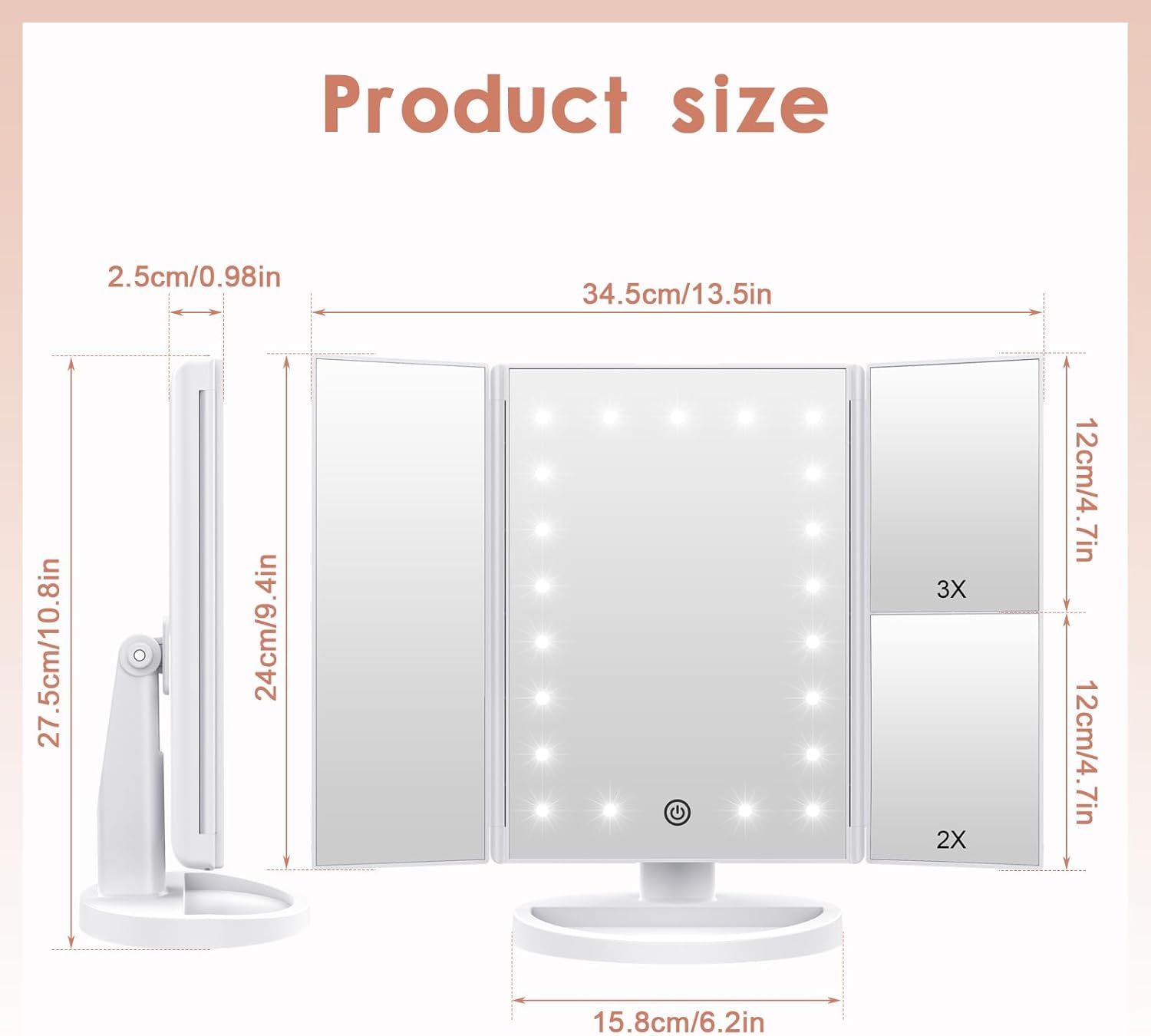Amplified Vanity Mirror with 21 LED aturaL Light 180 Rotatable 3X2X magnification