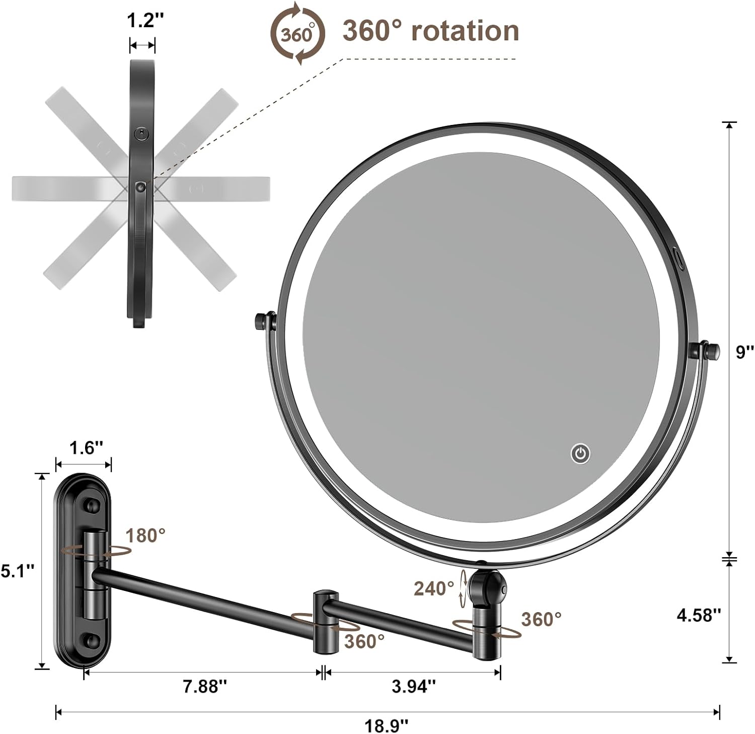 9-inch Wall-Mounted Makeup Mirror with Touch Screen Dimmable Lighting