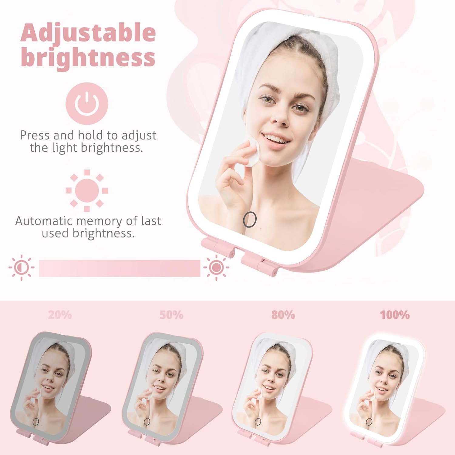 Travel Makeup Mirror 2000mAh Battery-Powered Illuminated Mirror Pink