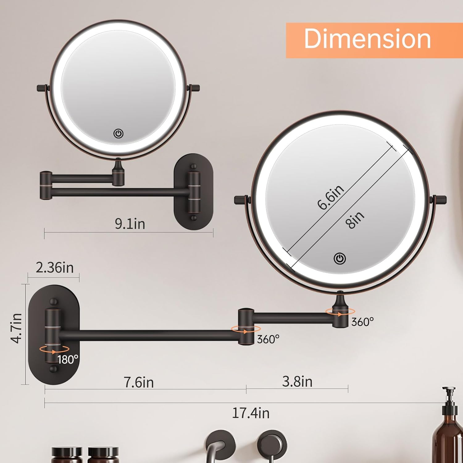 Rechargeable Wall-Mounted Lighted Makeup Vanity Mirror