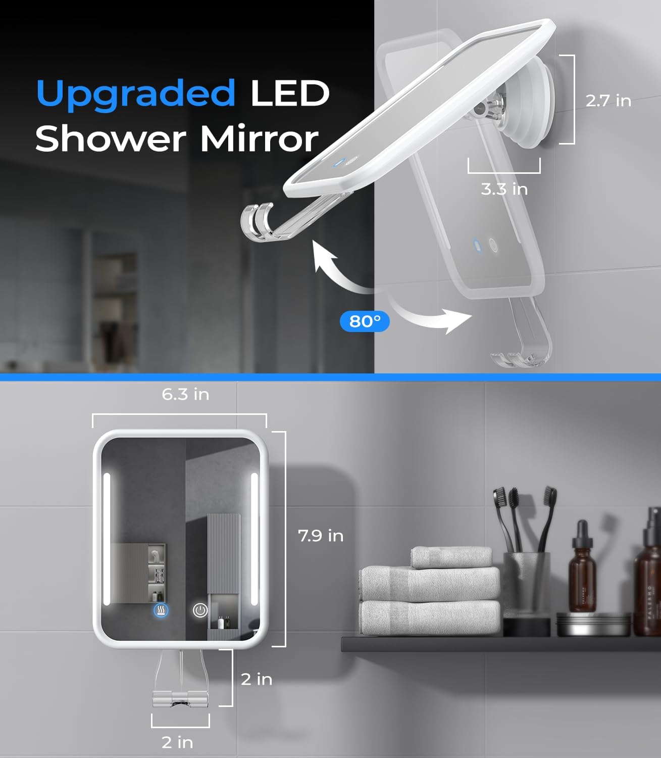 Gospire Heated Fogless Shower Mirror No-Fog Waterproof Rechargeable No Drilling