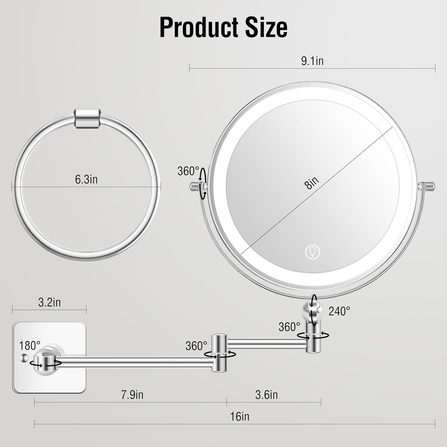 Wall-Mounted 360-Degree Adjustable Makeup Mirror