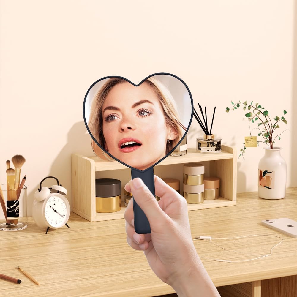 2-Piece Heart-Shaped Handheld Mirror with Handle for Women Girls