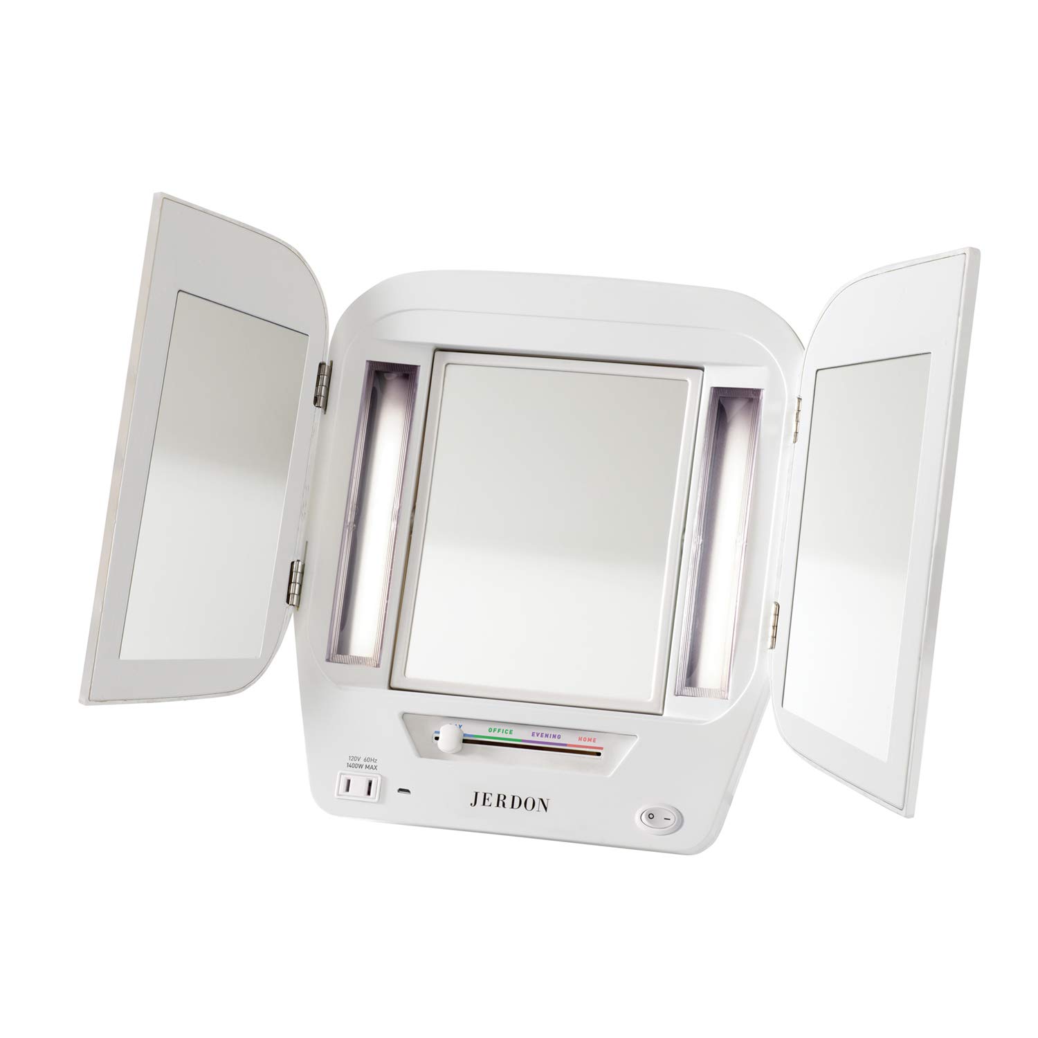 JERDON Two-Sided Makeup Mirror with 5X-1X Magnification Dual Light Settings