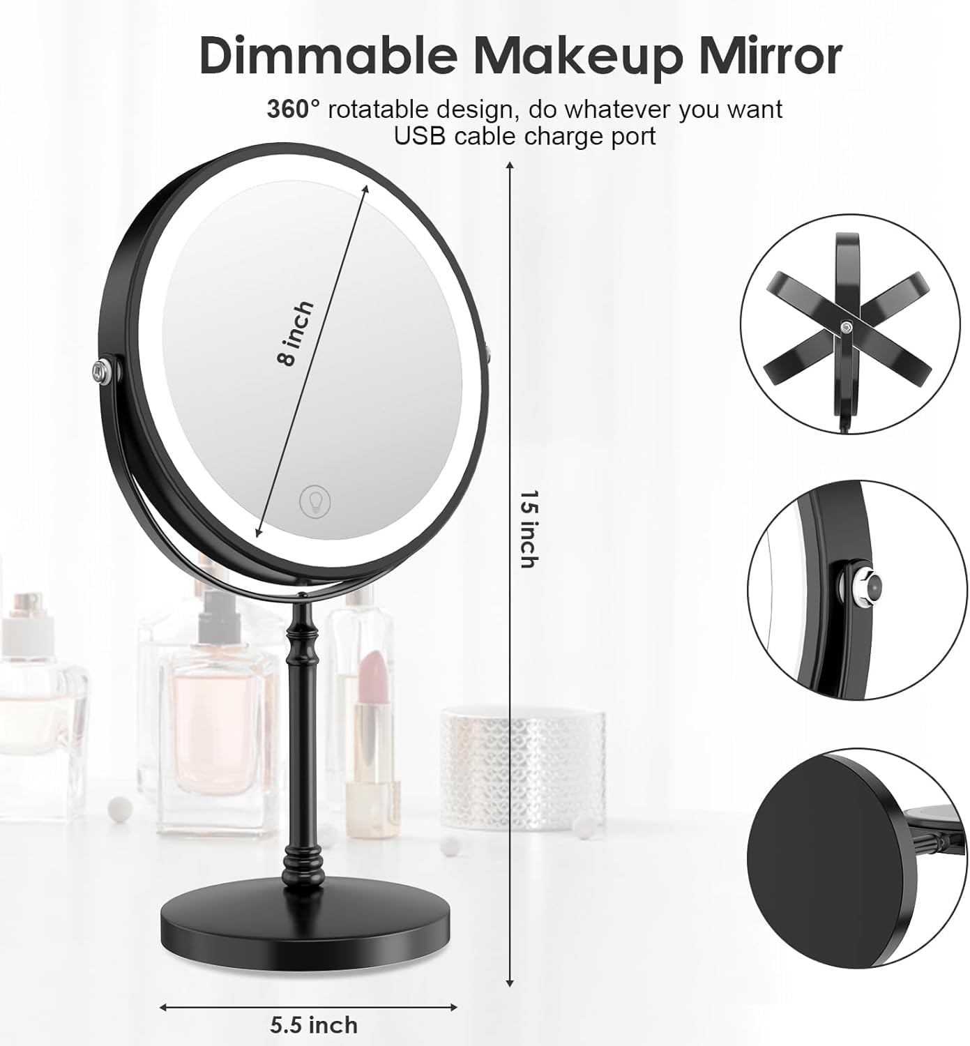 Adjustable Makeup Mirror with Light Rotation