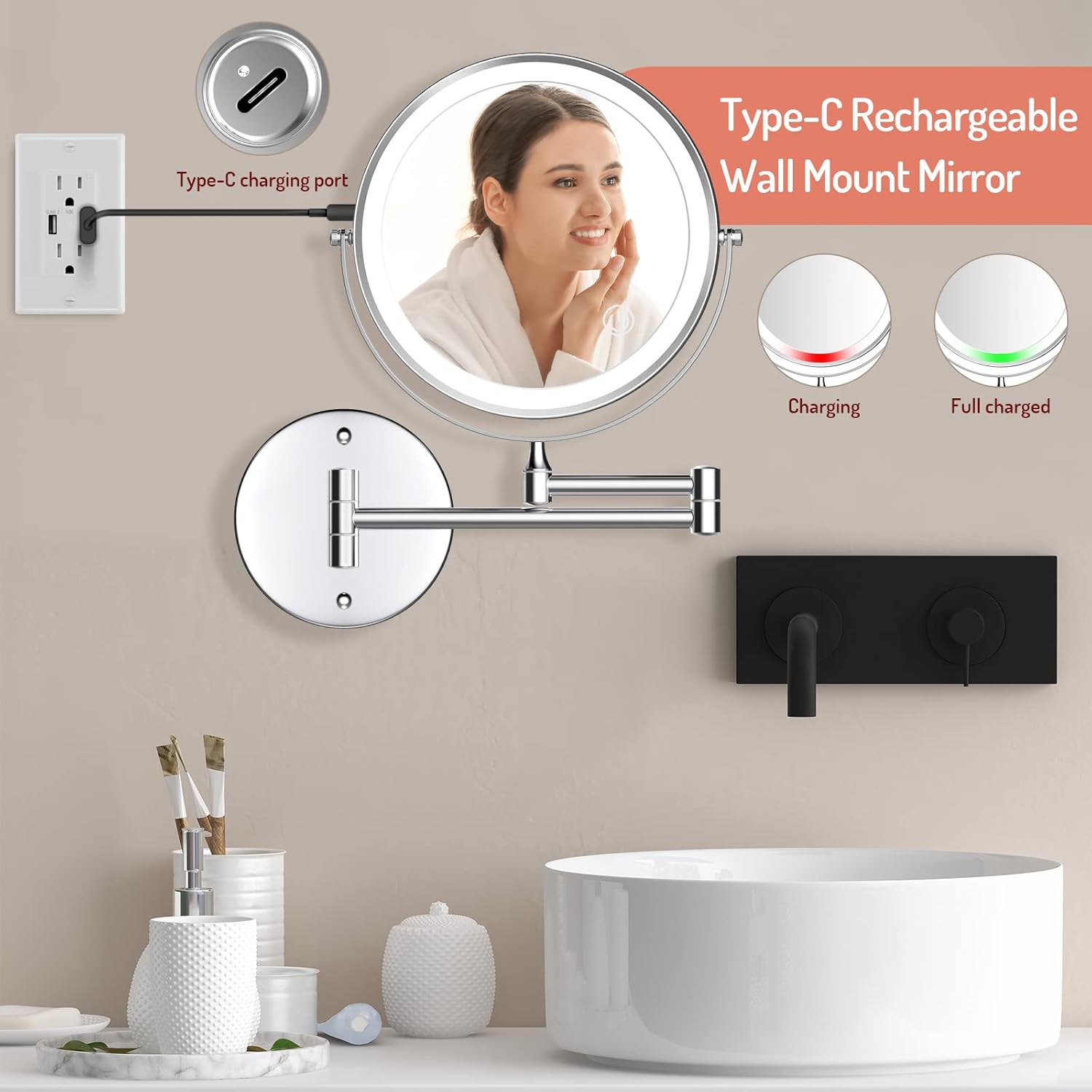 Charged Wall-Mounted Makeup Mirror