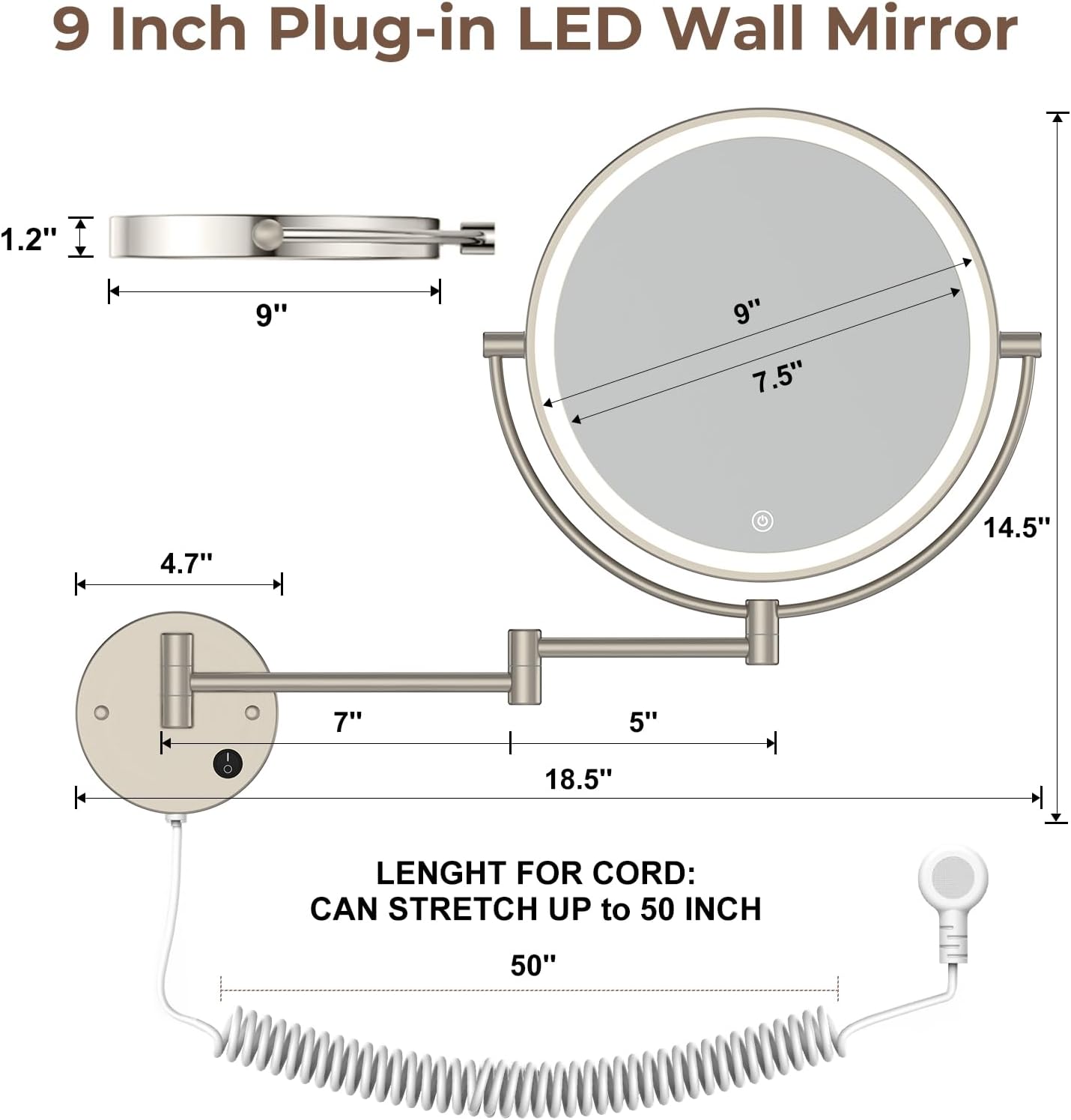 Wall-Mounted Makeup Mirror with LED Light for Bathrooms