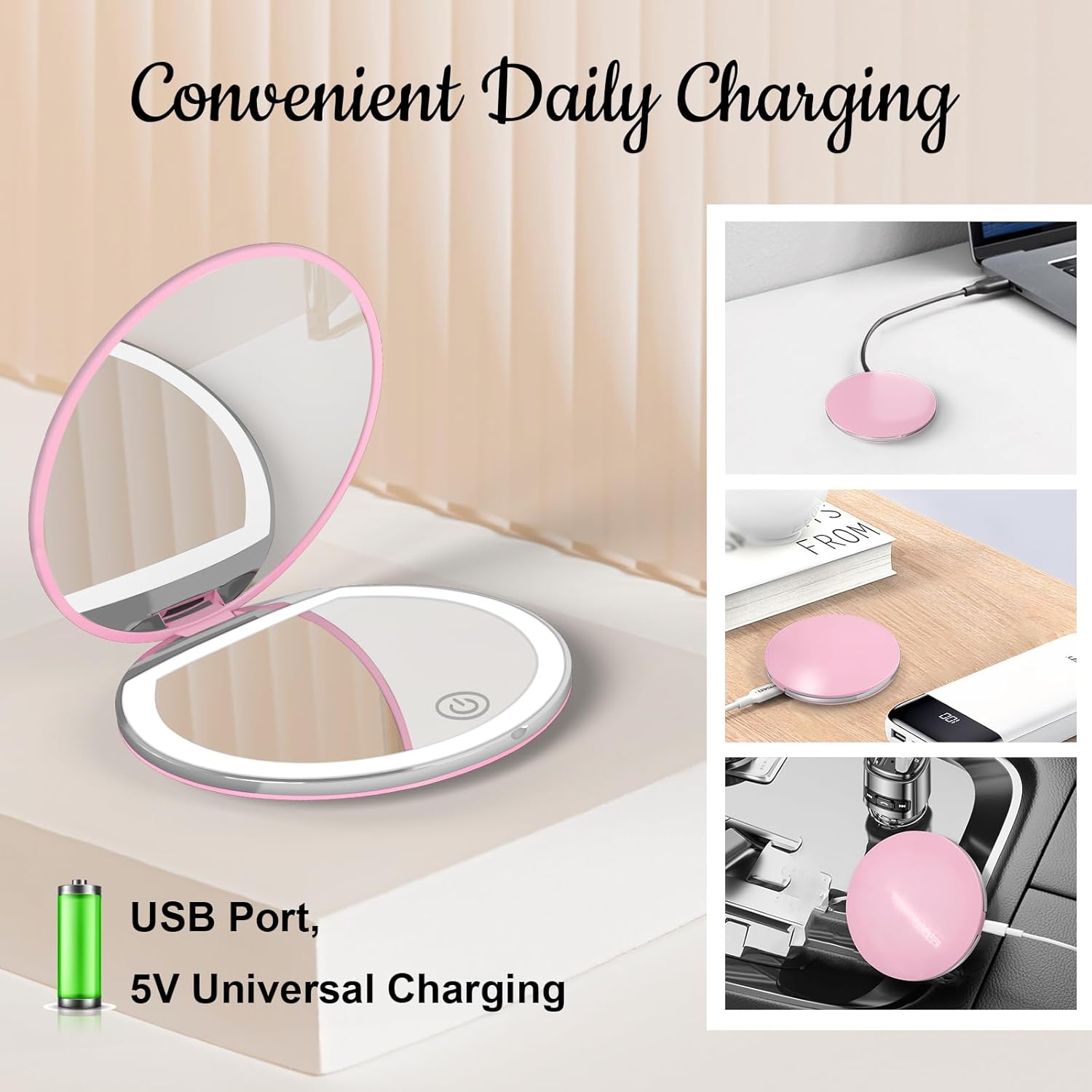 Compact Mirror with Light - Pocket Mirror for Travel Pink