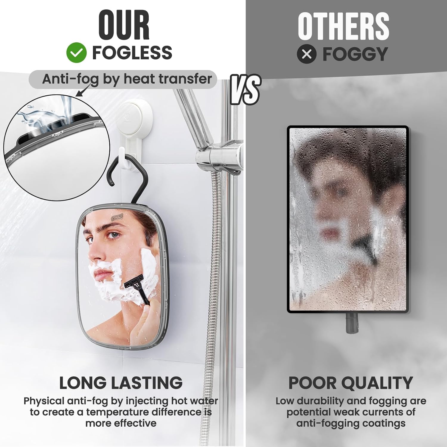 Fog-Free Portable TAILI shower mirror for easy shaving