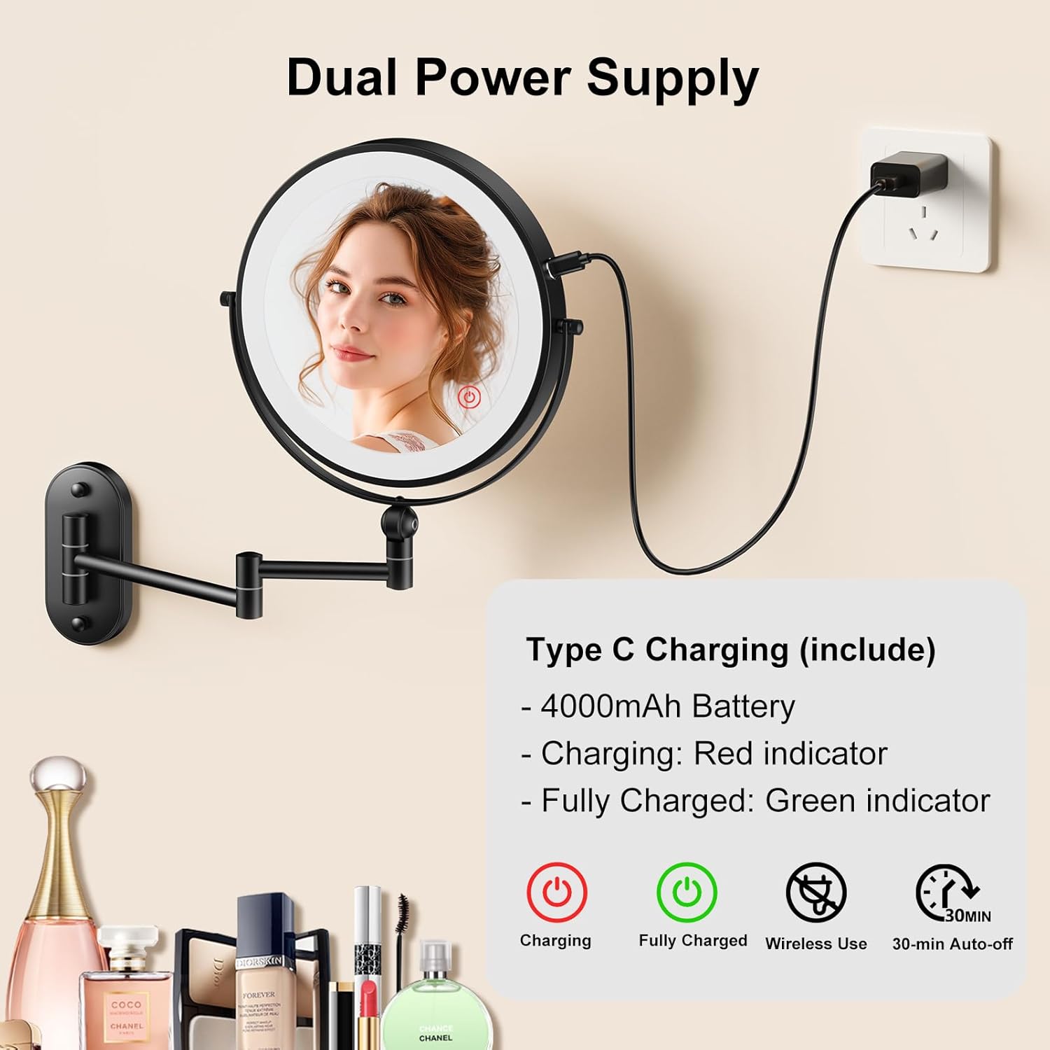 9-inch Rechargeable Wall-Mounted Makeup Mirror with 10x Magnification