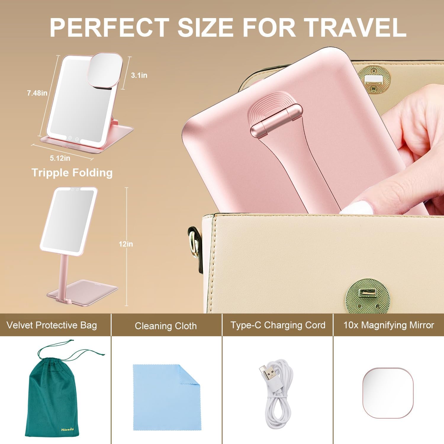 Mocado Rechargeable Travel Makeup Mirror with Light - Rose Gold 1