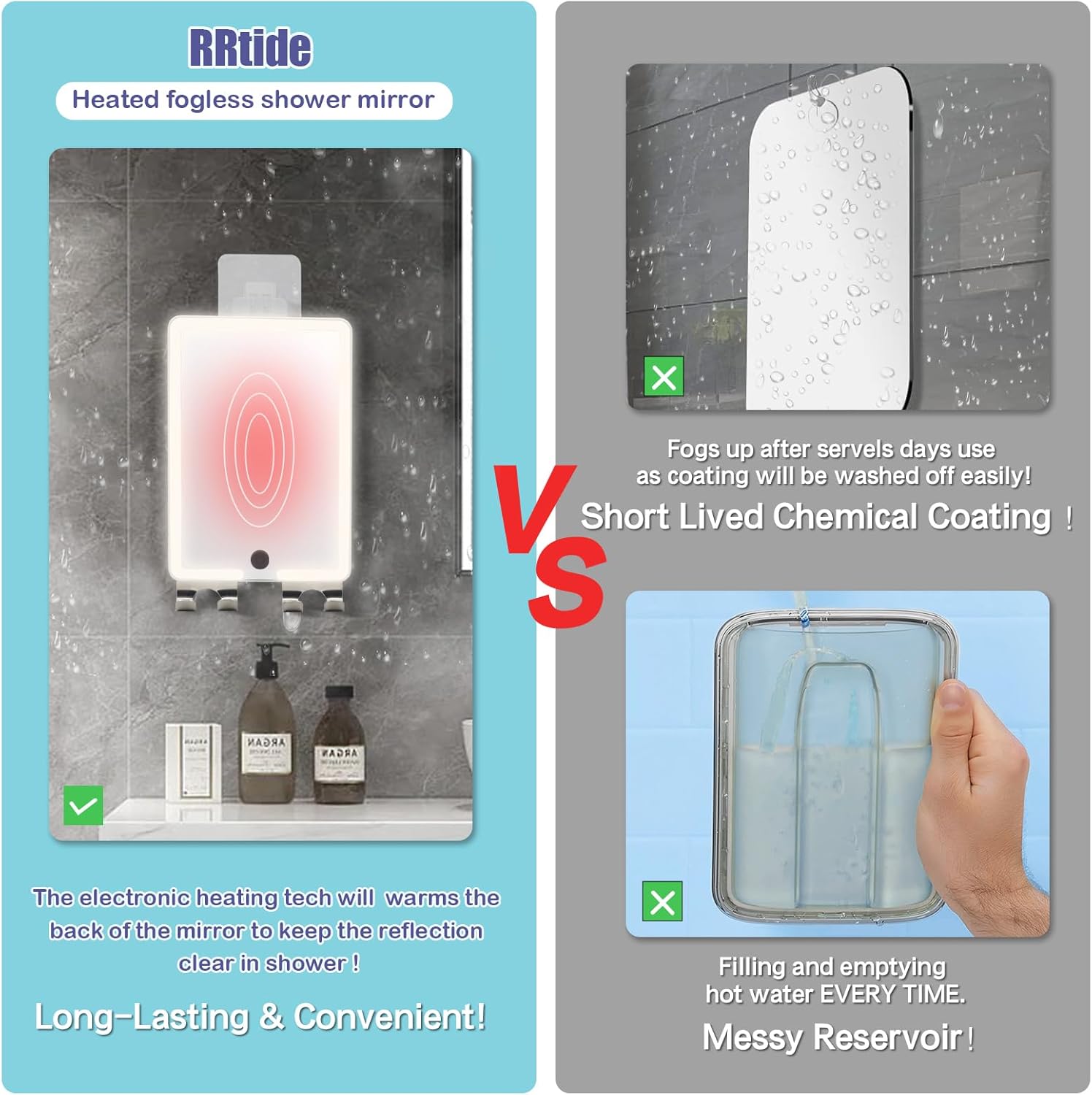 RRtide Heated Shower Mirror - No Fog LED Light Real Glass Rechargeable