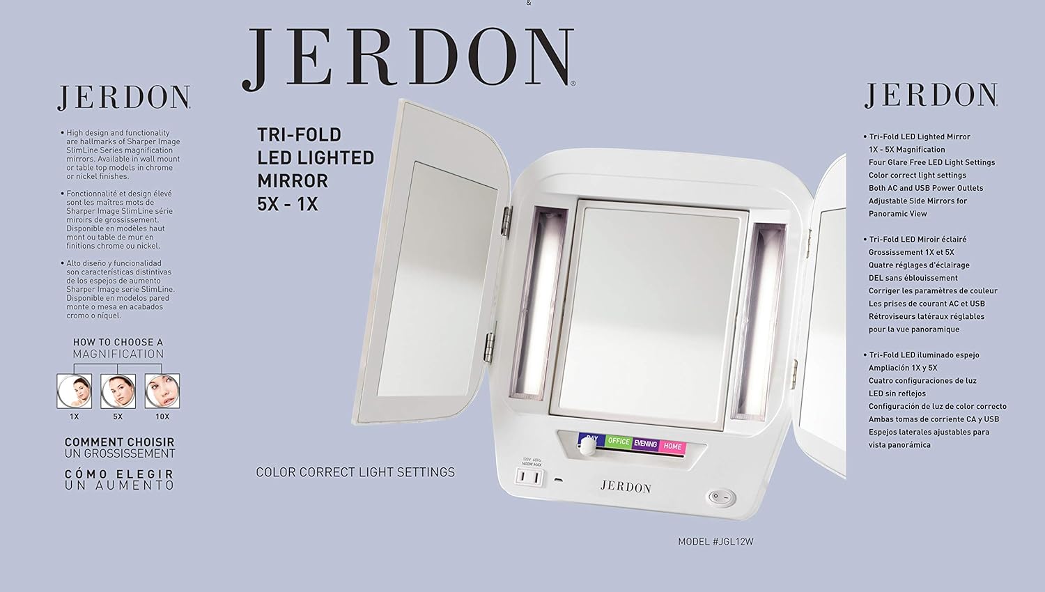 JERDON Two-Sided Makeup Mirror with 5X-1X Magnification Dual Light Settings