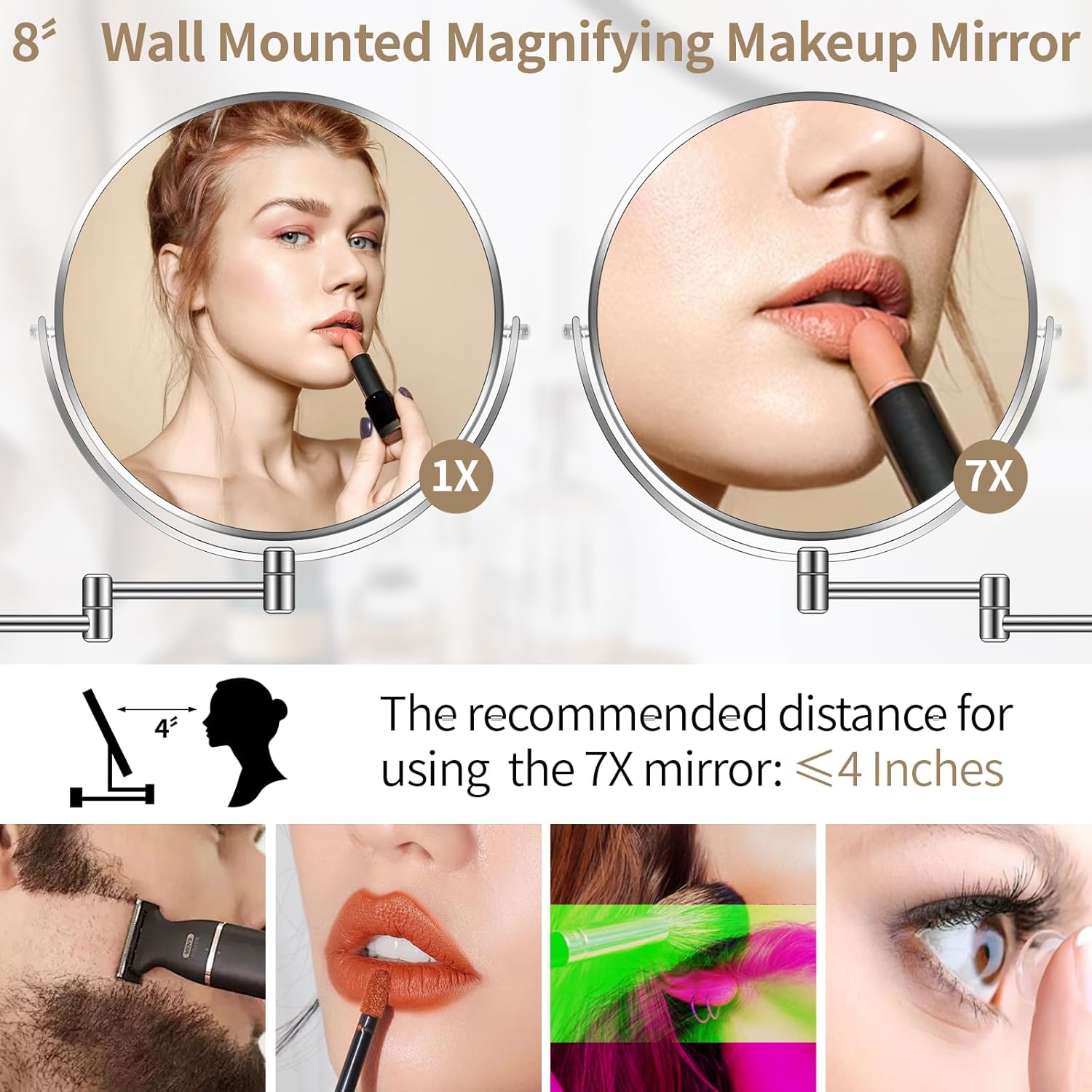 8 Wall Mounted Magnifying Mirror for MakeUp Grooming in Chrom