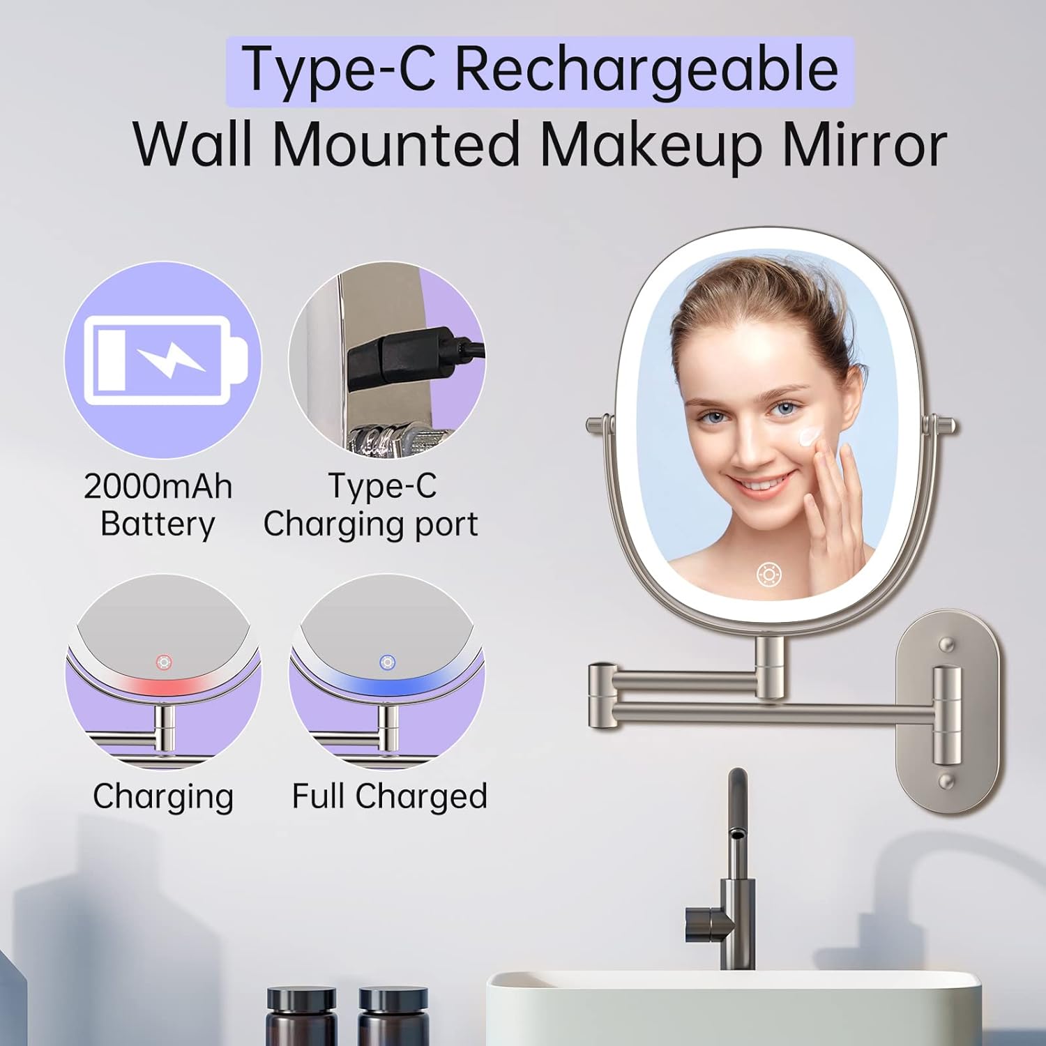 Stylish Wall-Mounted Double-Sided 1X7X Makeup Mirror with Rechargeable Lights