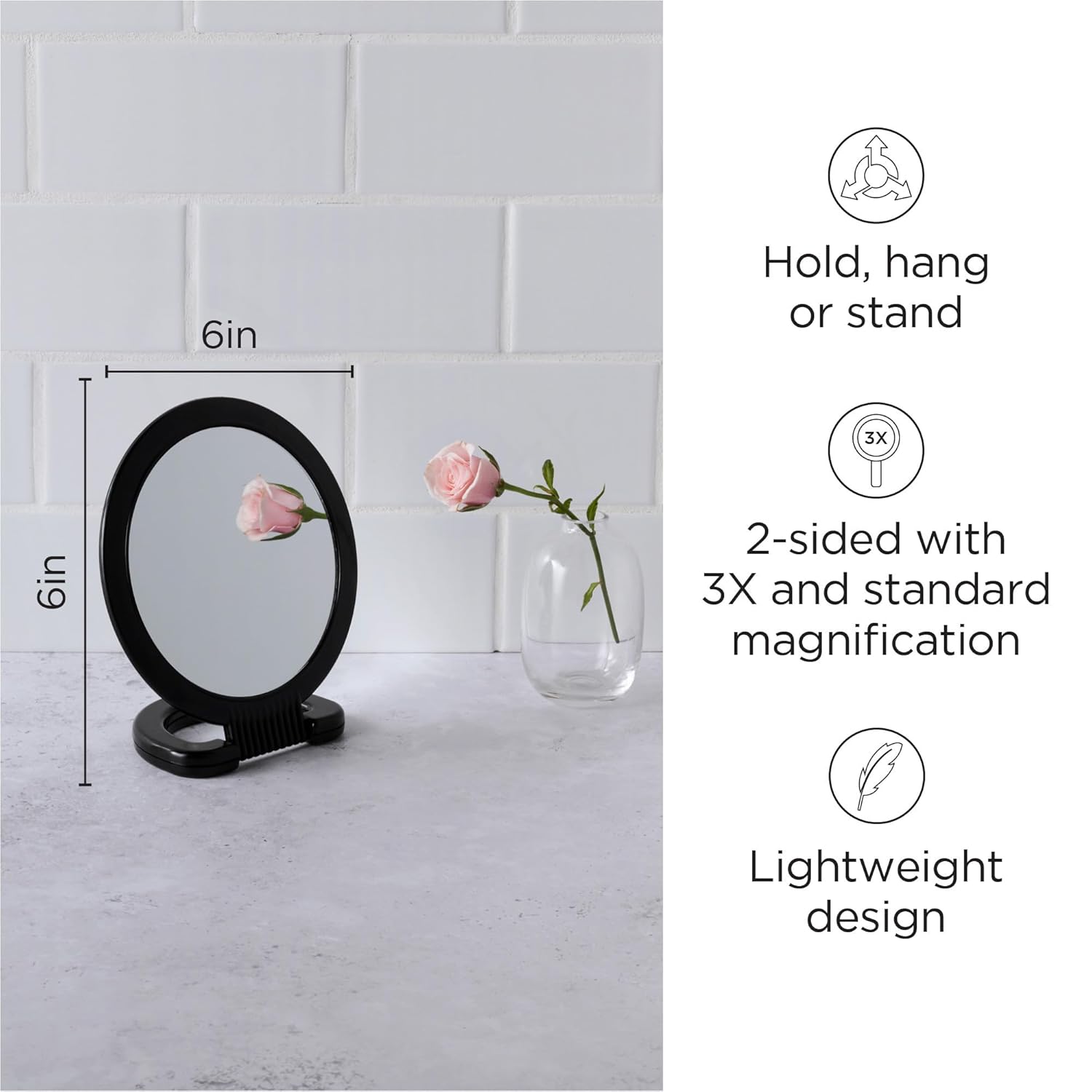 Diane Hand Mirror with Stand Double-Sided Magnification for Grooming Travel