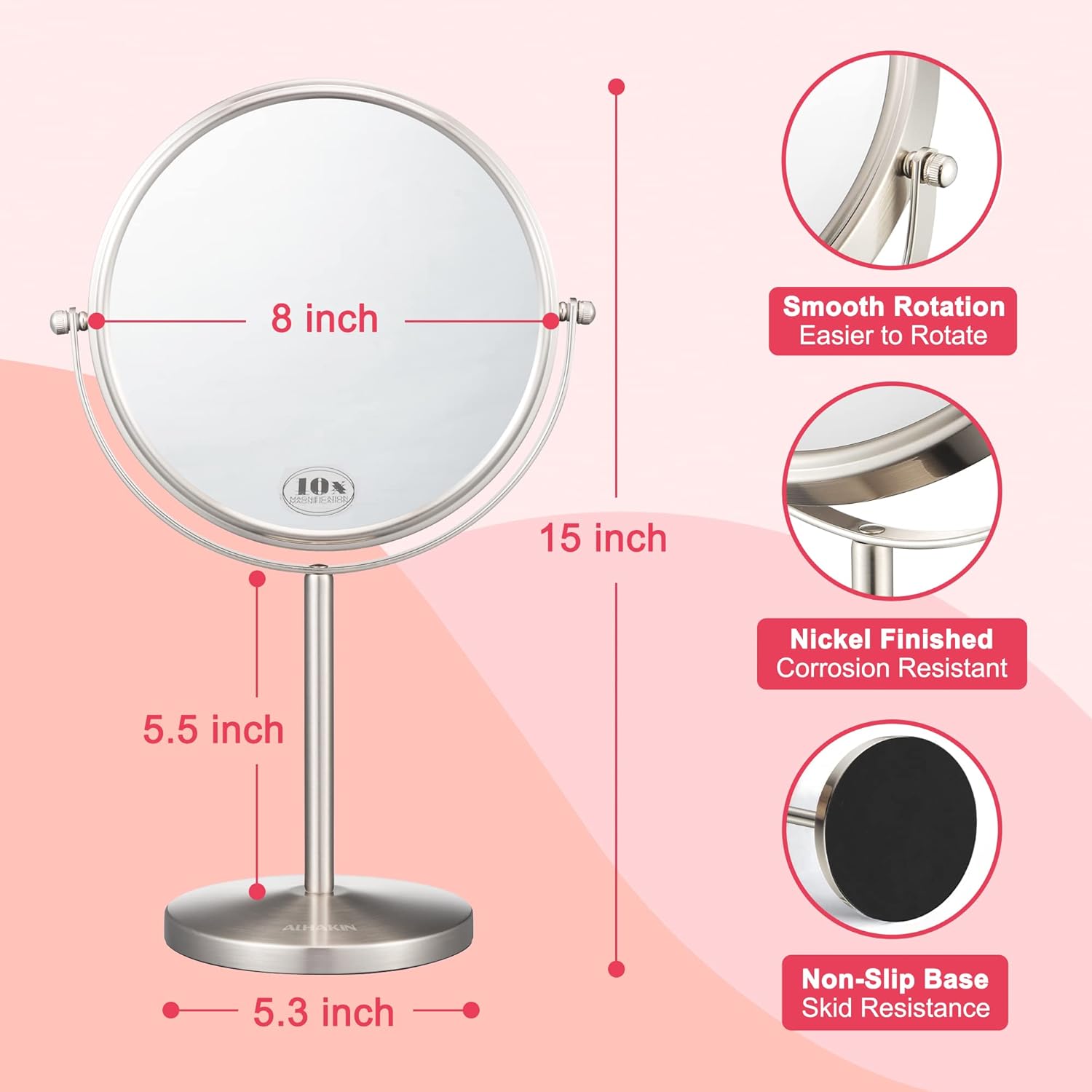 ALHAKIN 10x Magnifying Makeup Mirror 8-Inch Tabletop for BathroomDesk
