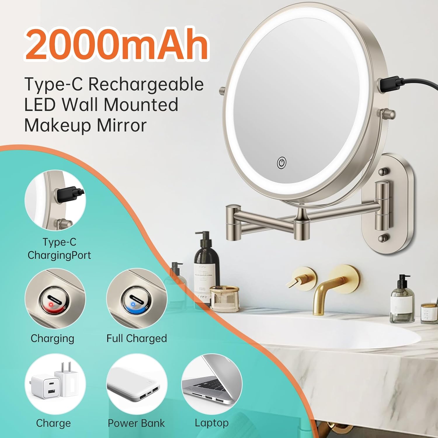 Wall-Mounted Compact Rechargeable Makeup Mirror