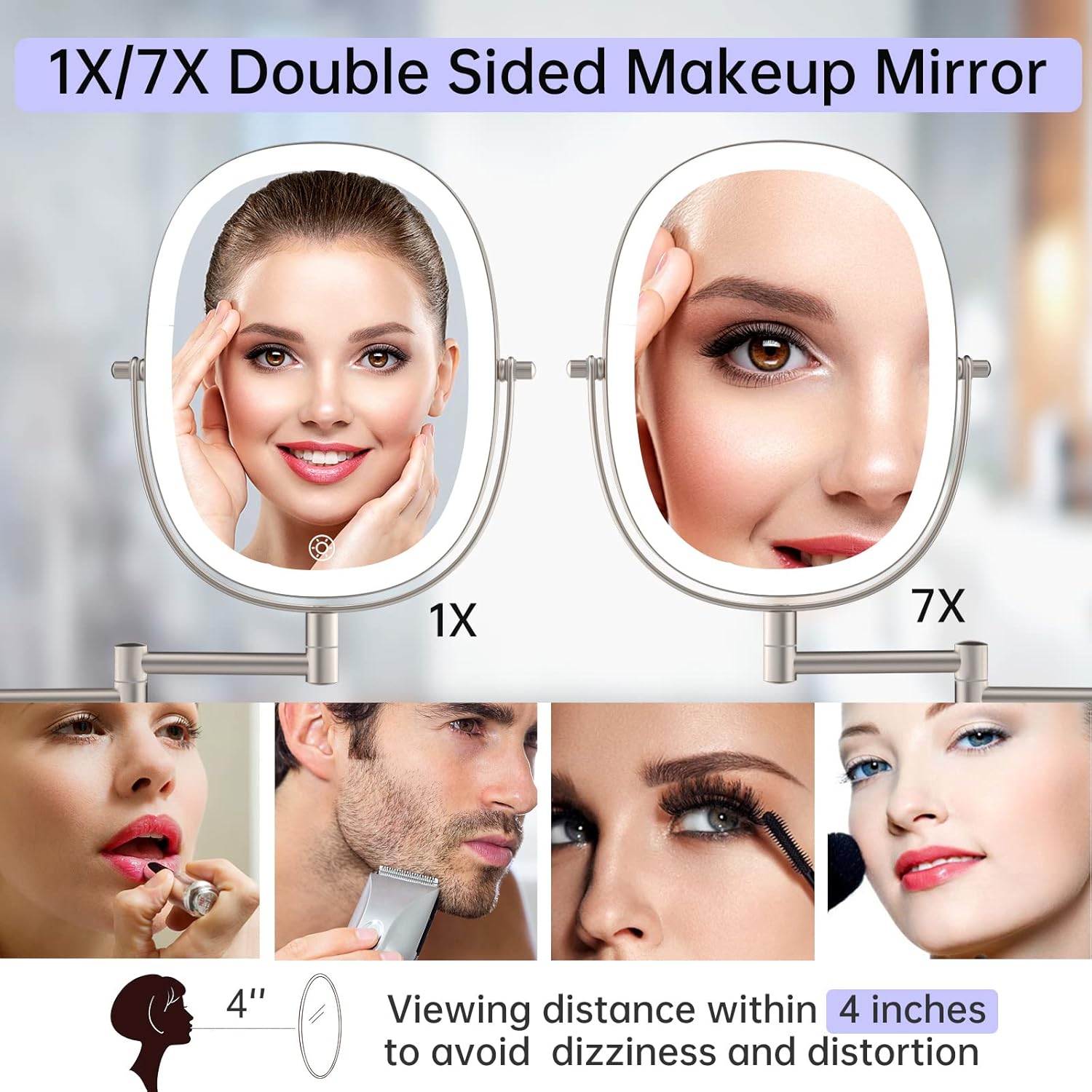 Stylish Wall-Mounted Double-Sided 1X7X Makeup Mirror with Rechargeable Lights