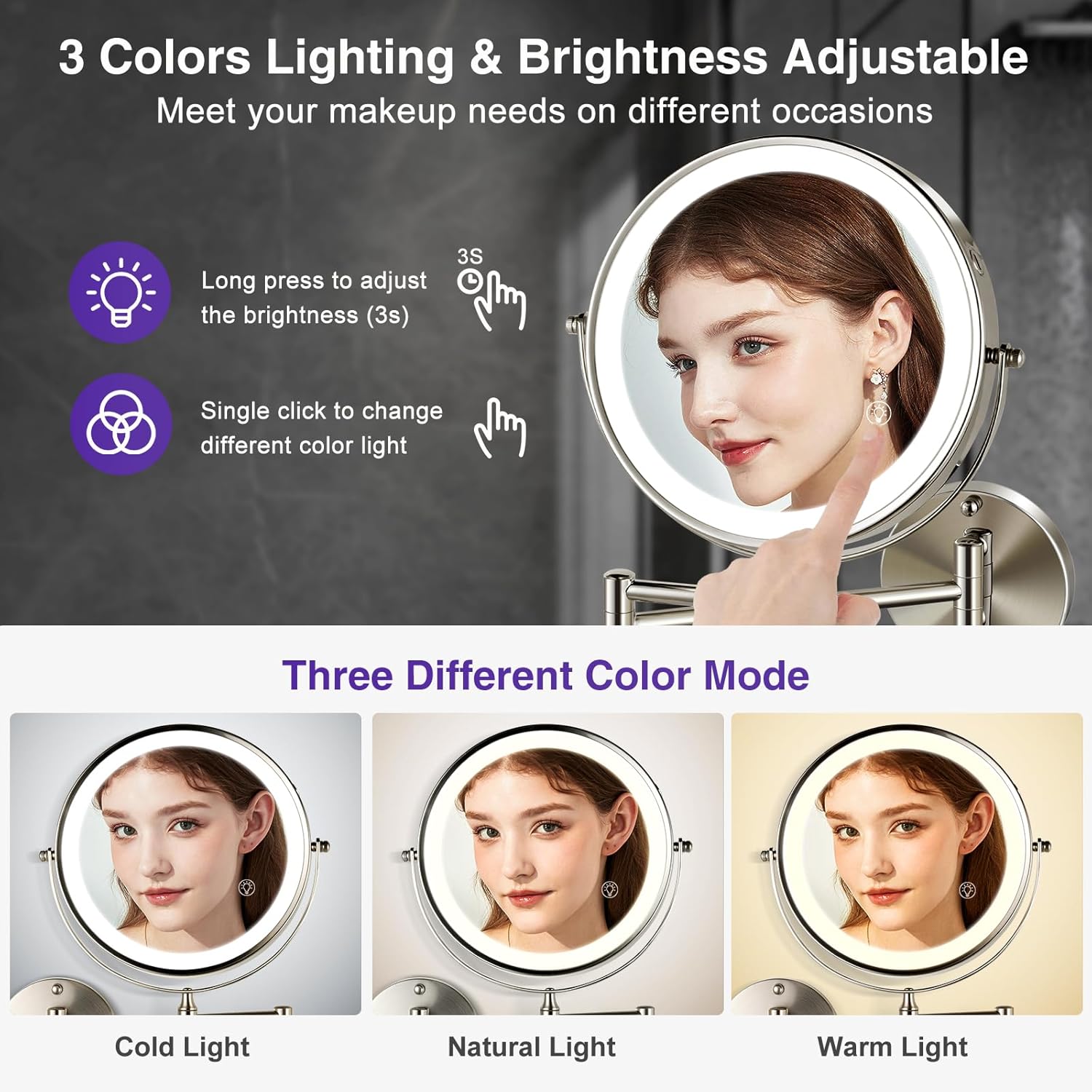 Magnifying Wall-Mounted Mirror wLights - 15-85 Double Sided MakeUp Details