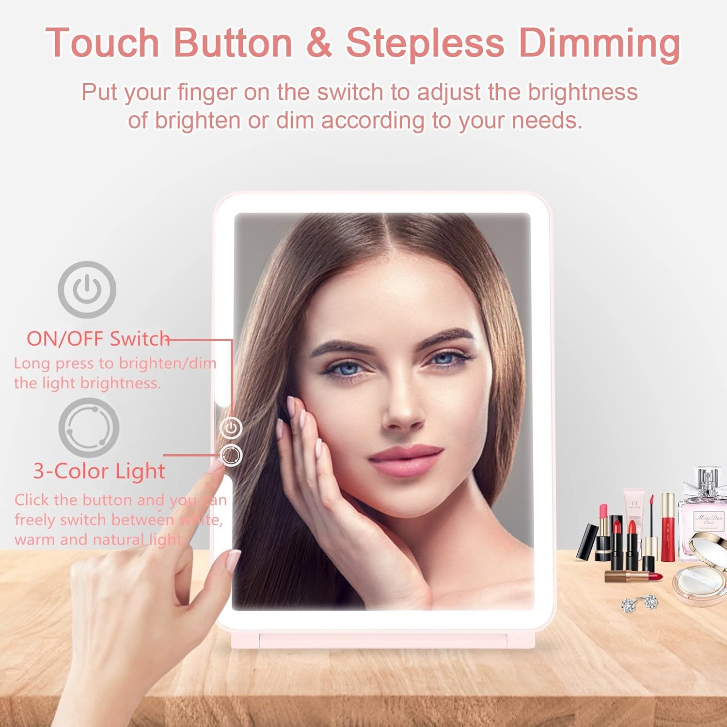 Compact LED Makeup Mirror with Touch Screen