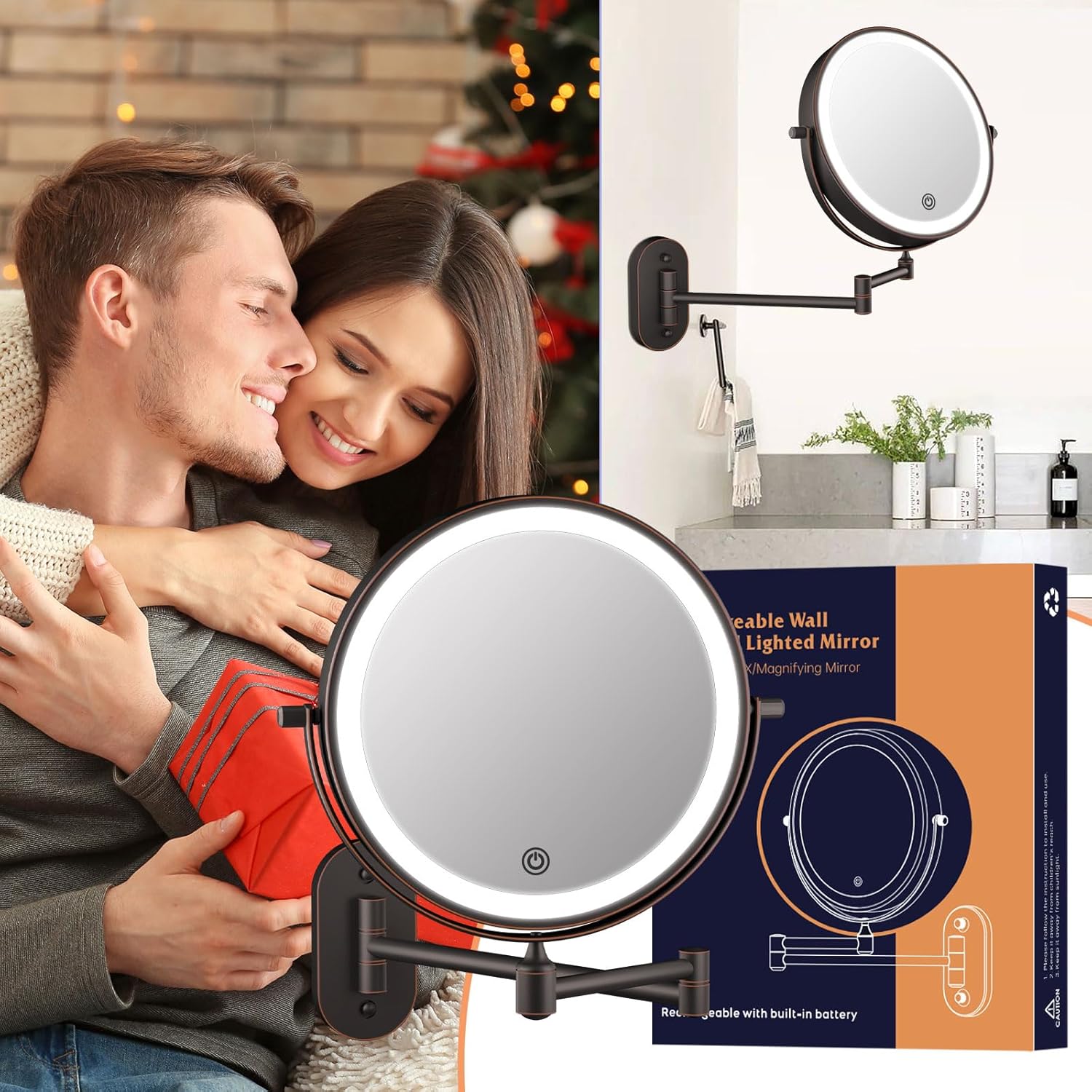 Rechargeable Wall-Mounted Lighted Makeup Vanity Mirror