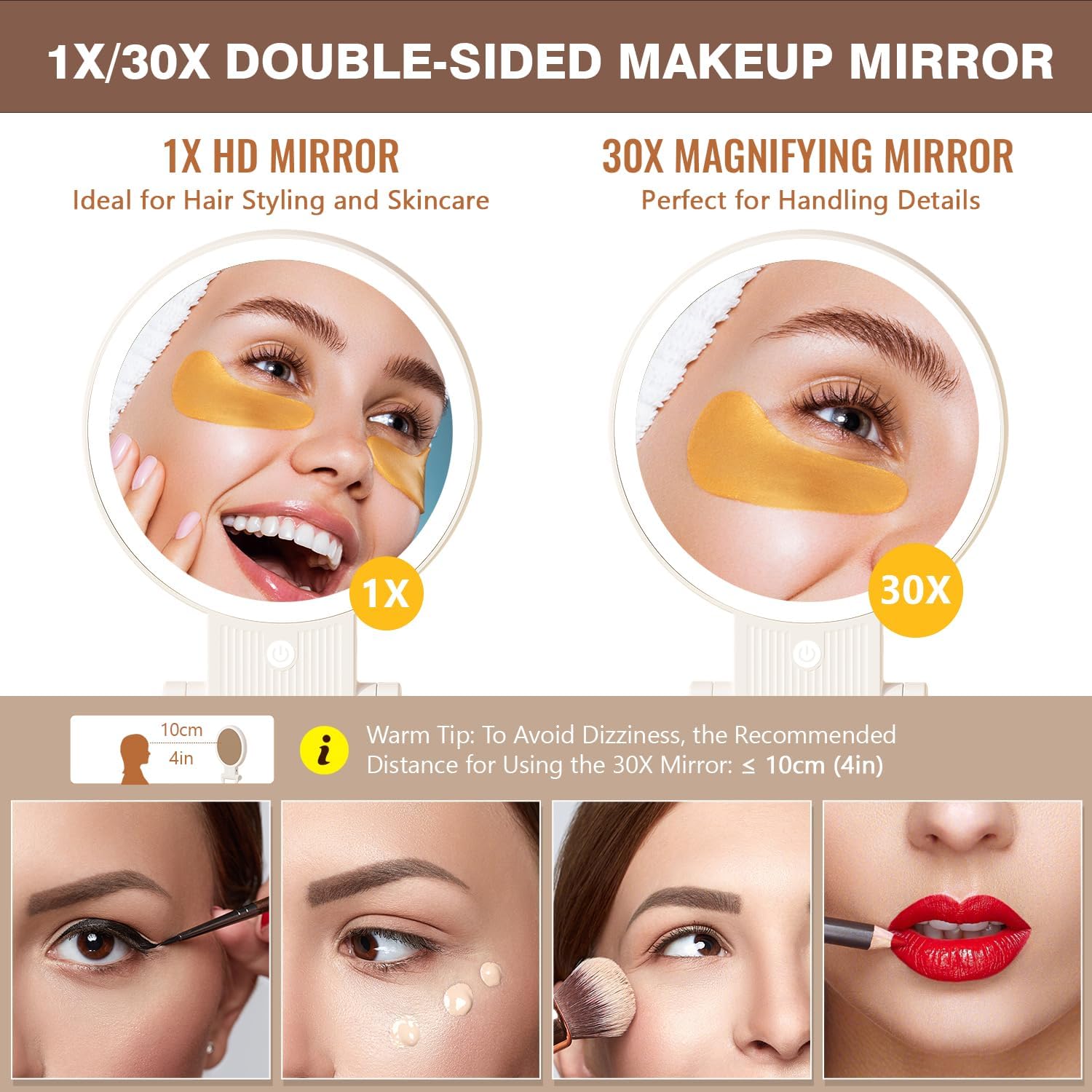1X30X Magnifying Mirror with Light Double-Sided Portable auxmircom