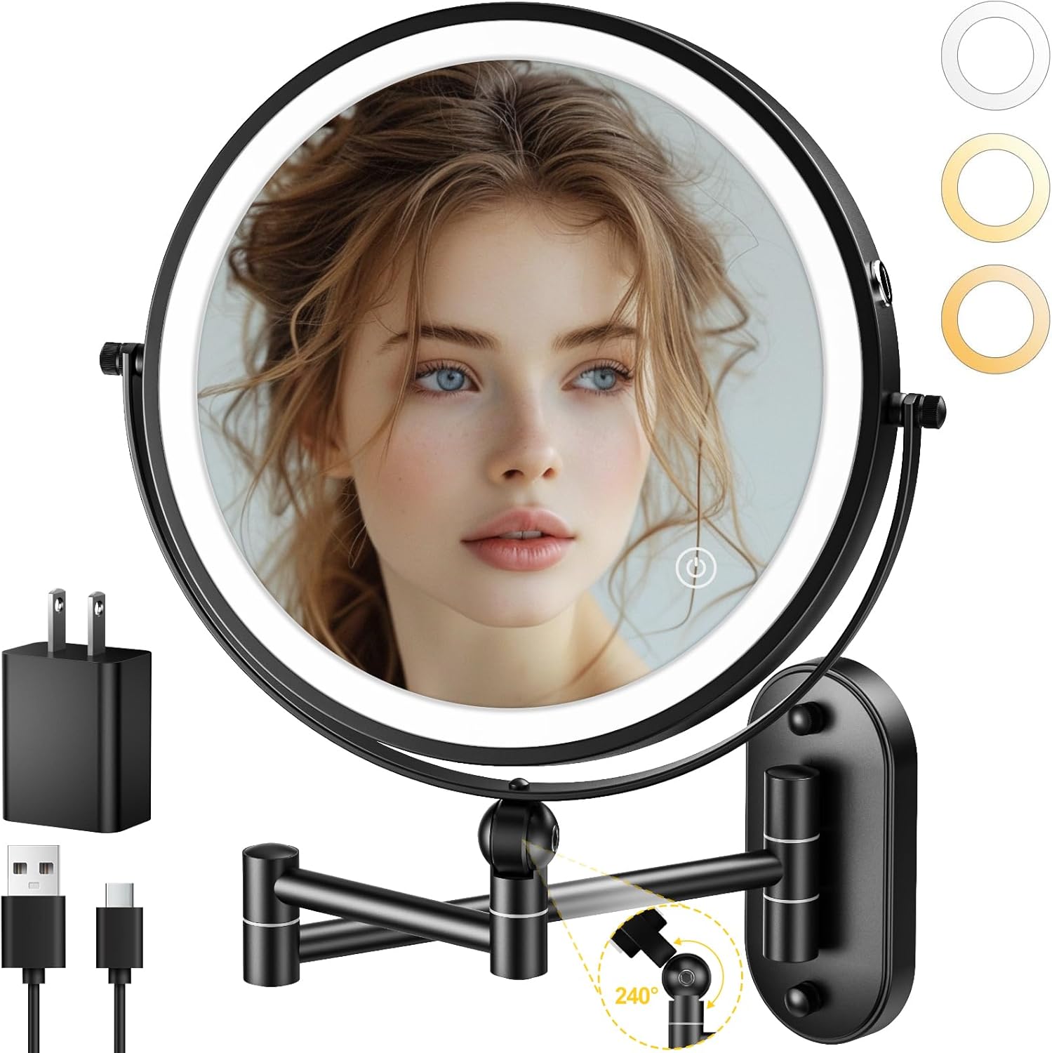 9-inch Rechargeable Wall-Mounted Makeup Mirror with 10x Magnification