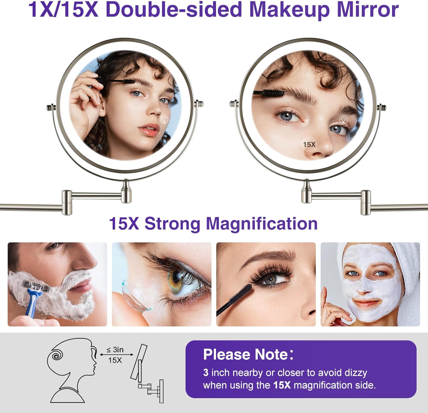 Magnifying Wall-Mounted Mirror wLights - 15-85 Double Sided MakeUp Details