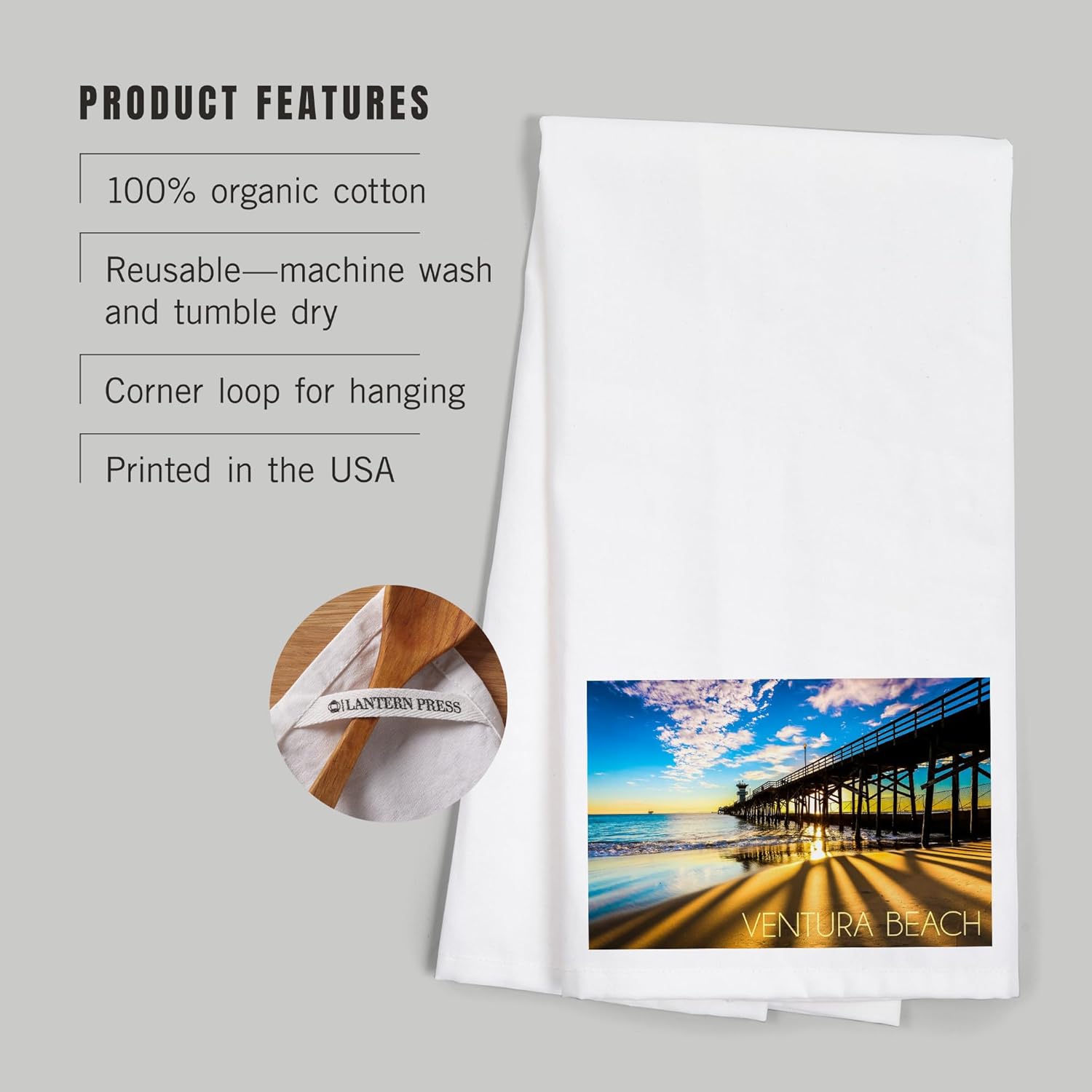Lantern Press Ventura Beach Seal Beach Pier Sunset Cotton Tea Towel