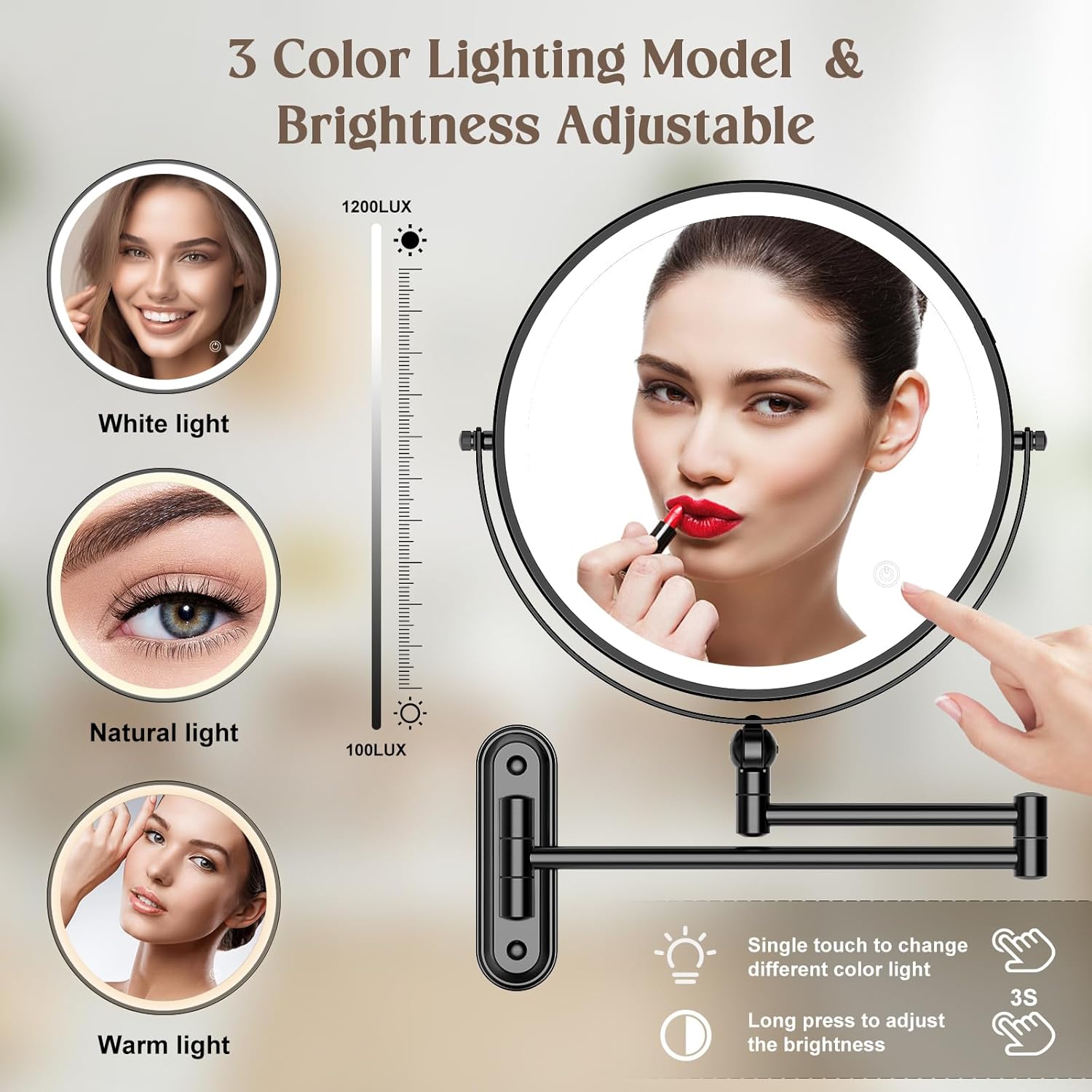 9-inch Wall-Mounted Makeup Mirror with Touch Screen Dimmable Lighting