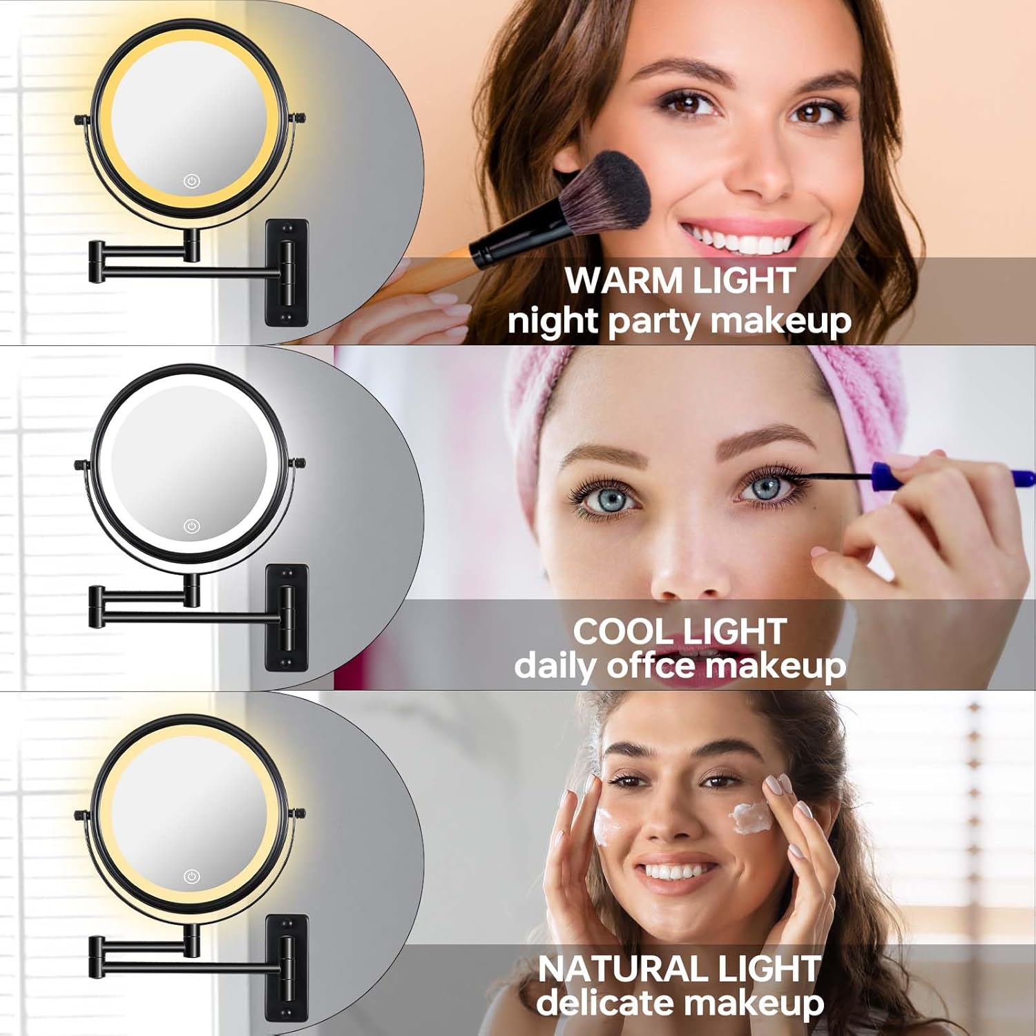 Rechargeable Wall-Mounted Makeup Mirror with 3_light Modes and Touch Control