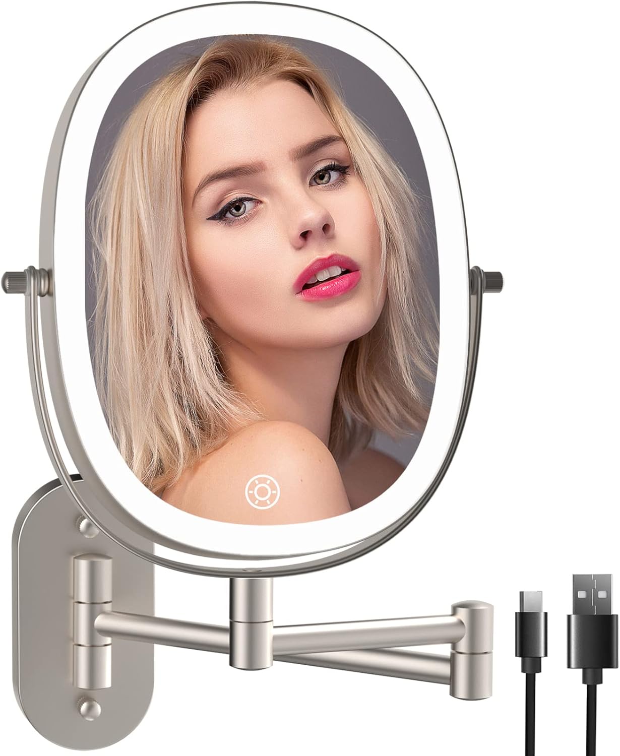 Stylish Wall-Mounted Double-Sided 1X7X Makeup Mirror with Rechargeable Lights