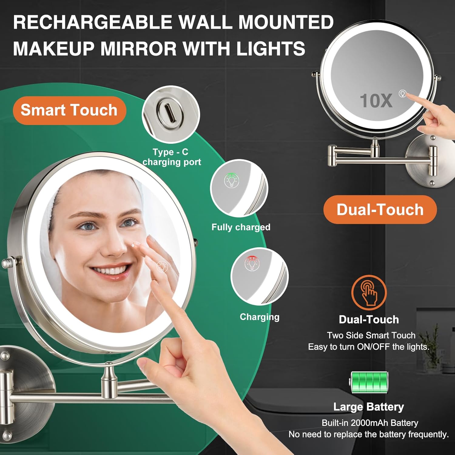 Rechargeable Wall Mounted Makeup Mirror with Lights Extension