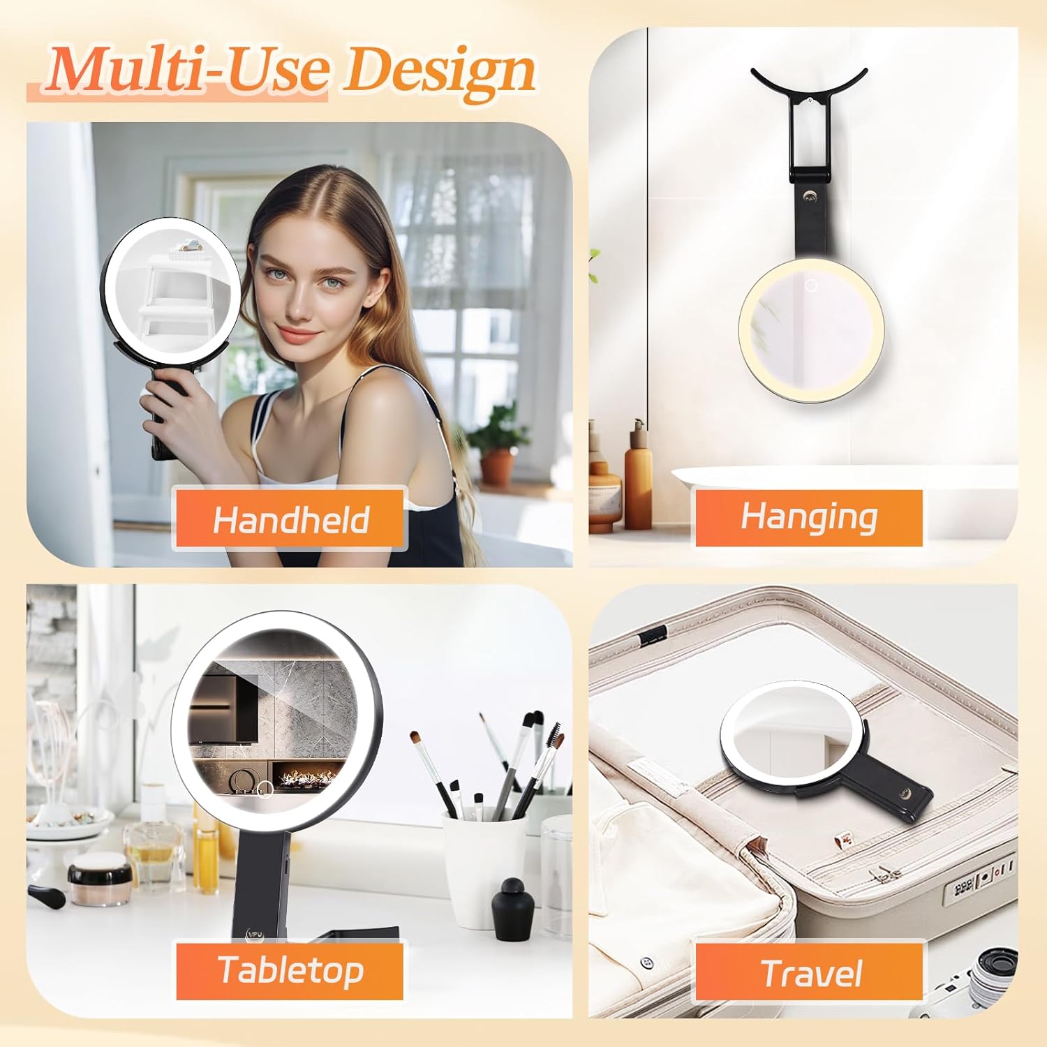 Foldable Dual-Light Makeup Mirror with 10X Magnification