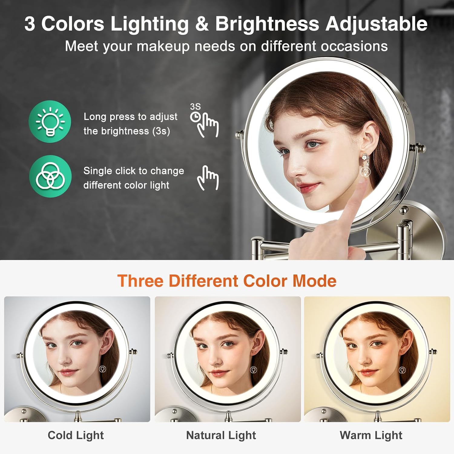 Rechargeable Wall Mounted Makeup Mirror with Lights Extension