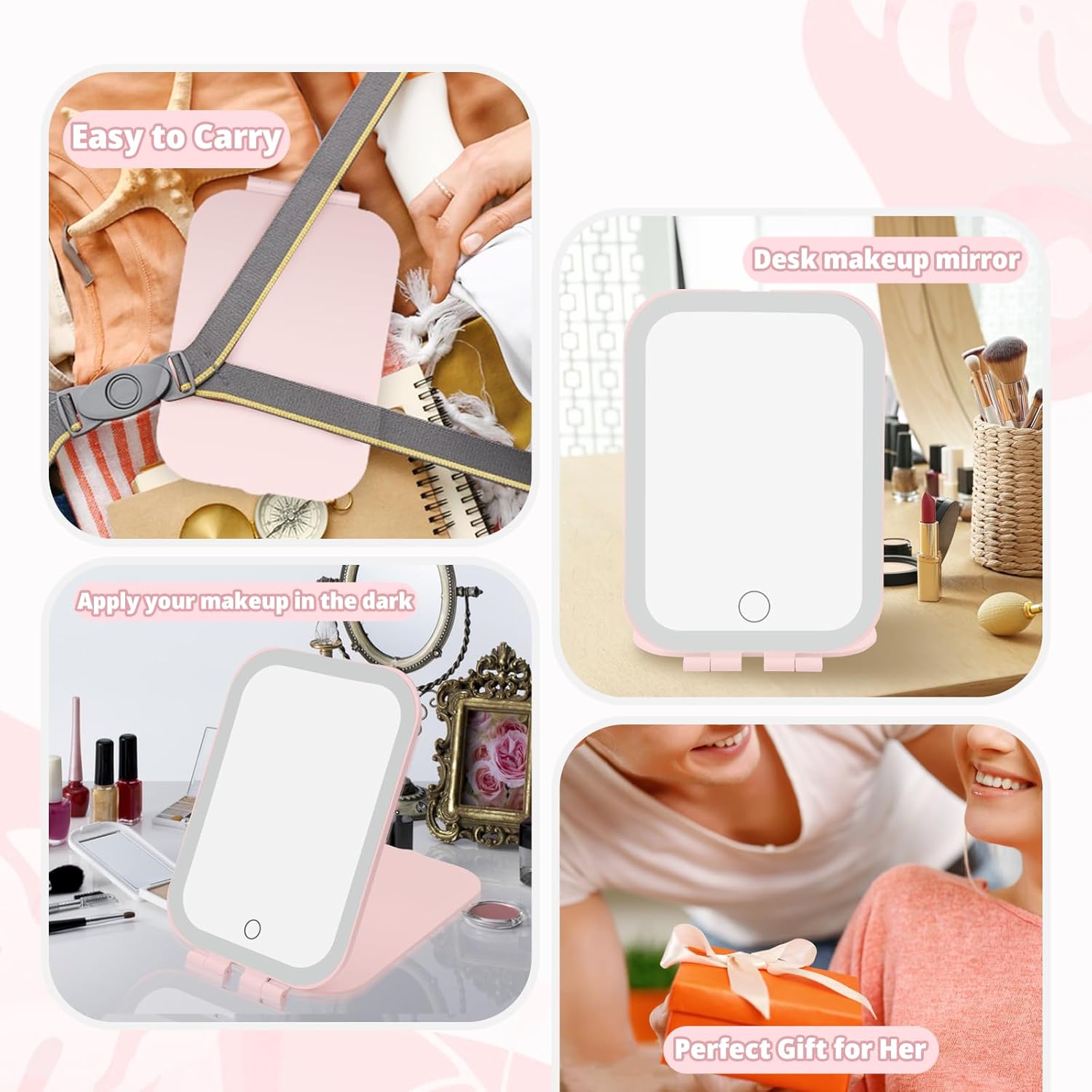 Travel Makeup Mirror 2000mAh Battery-Powered Illuminated Mirror Pink
