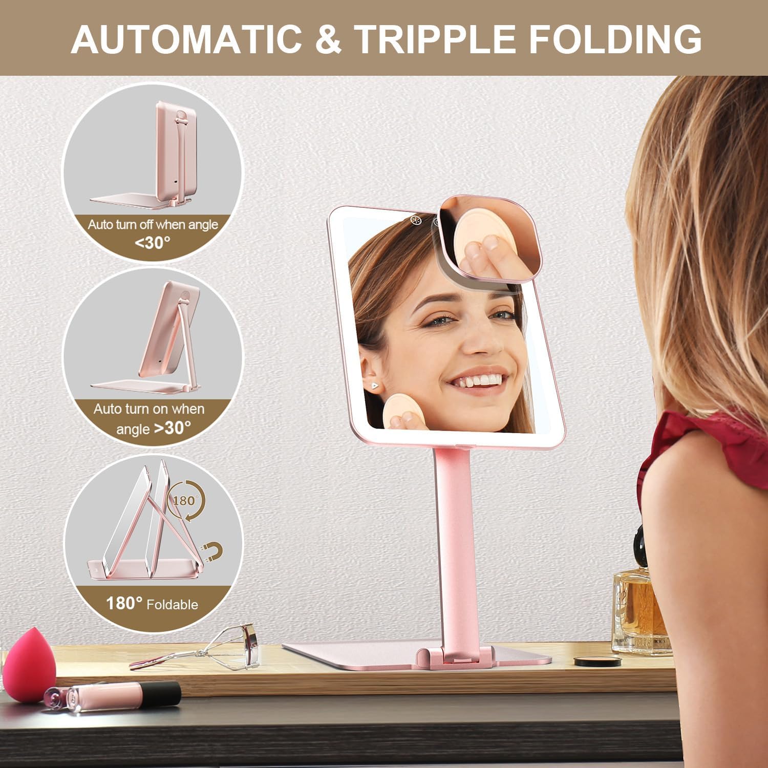 Mocado Rechargeable Travel Makeup Mirror with Light - Rose Gold 1