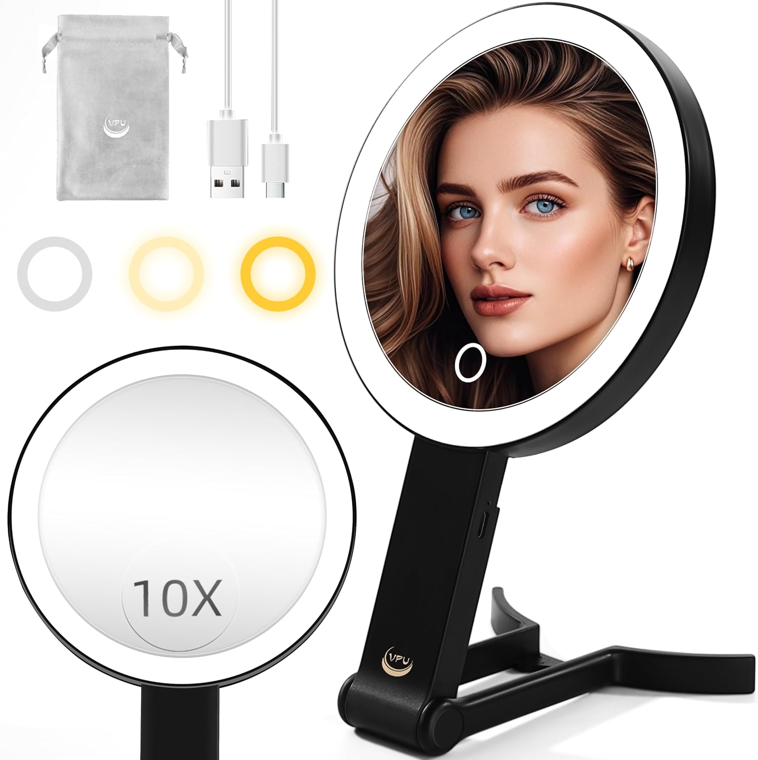 Foldable Dual-Light Makeup Mirror with 10X Magnification
