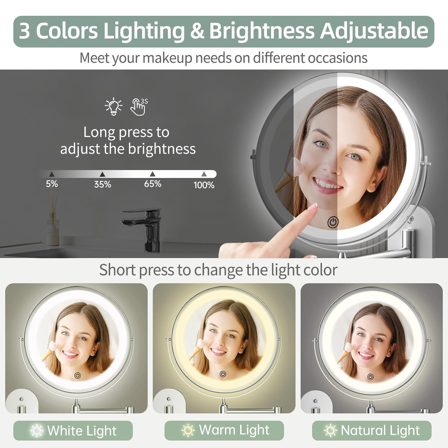 Rechargeable Wall-Mounted Bathroom Mirror with 1X10X