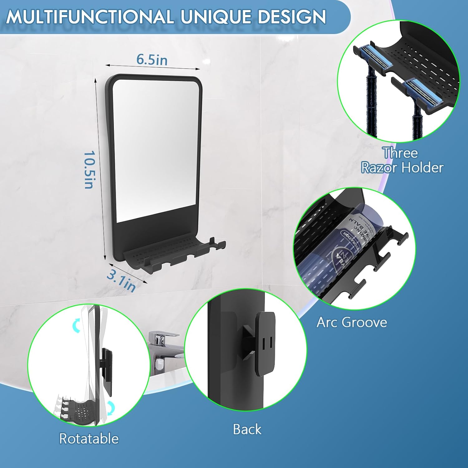 Fogless shower mirror for men women anti-fog storage