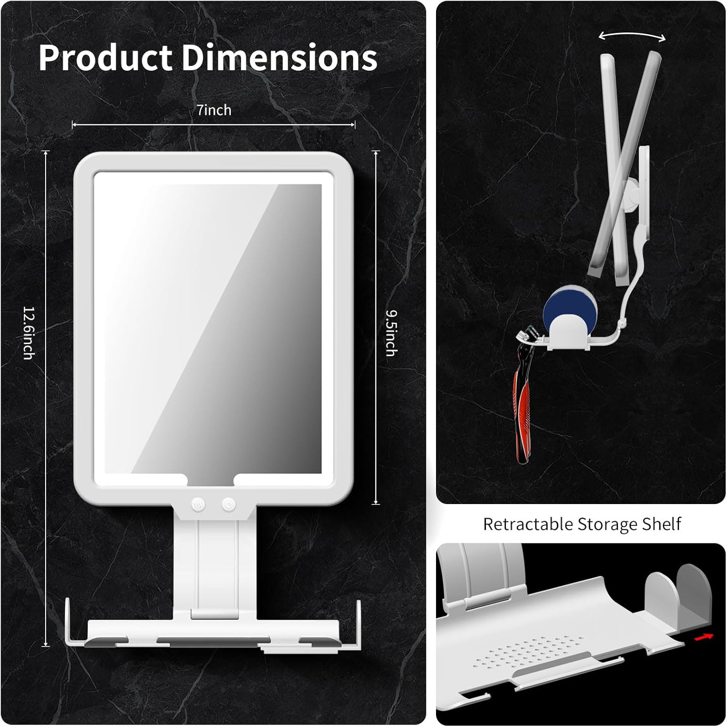 Fogless Heated 95x7in Shower Mirror with Storage for Shaving