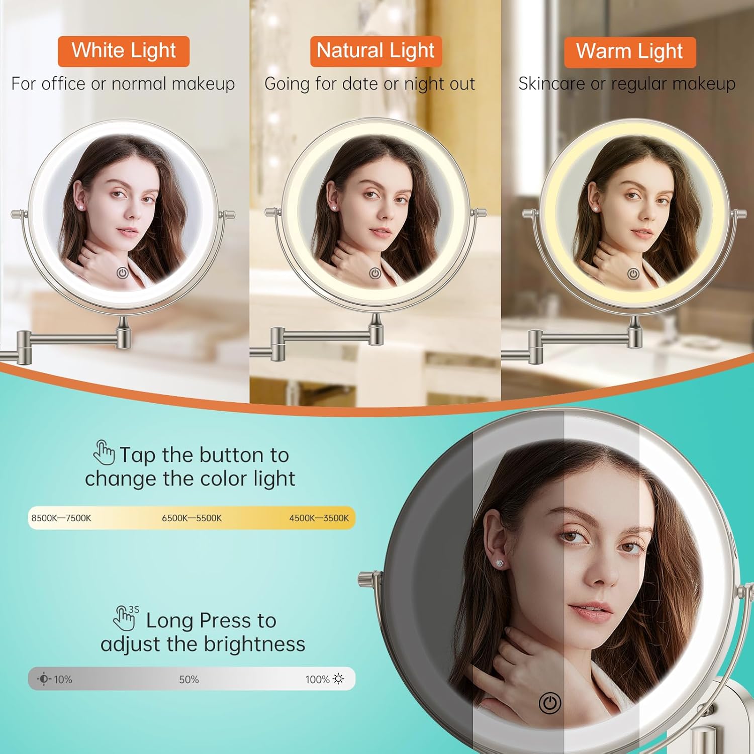 Wall-Mounted Compact Rechargeable Makeup Mirror