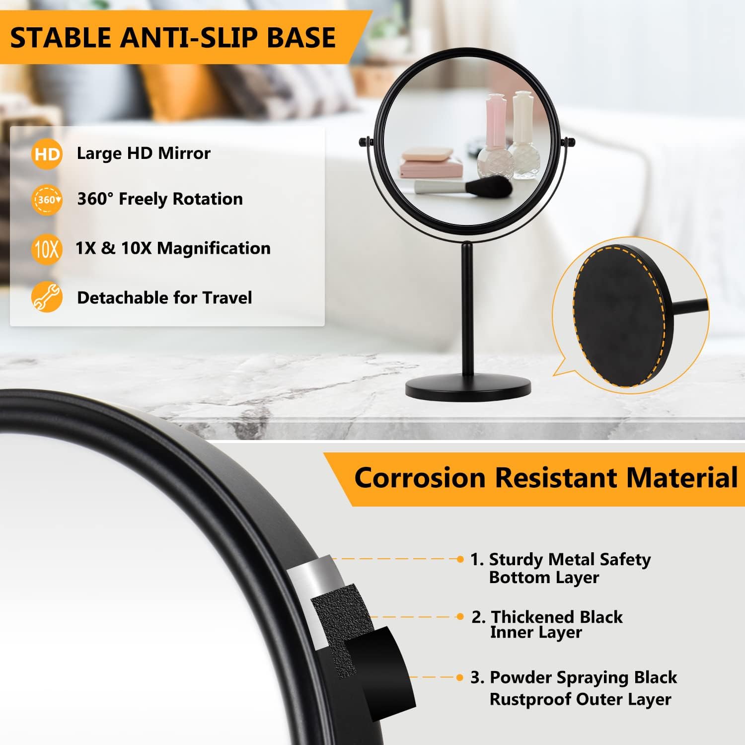 ALHAKIN 10x Magnifying Makeup Mirror - Swivel with Stable Base