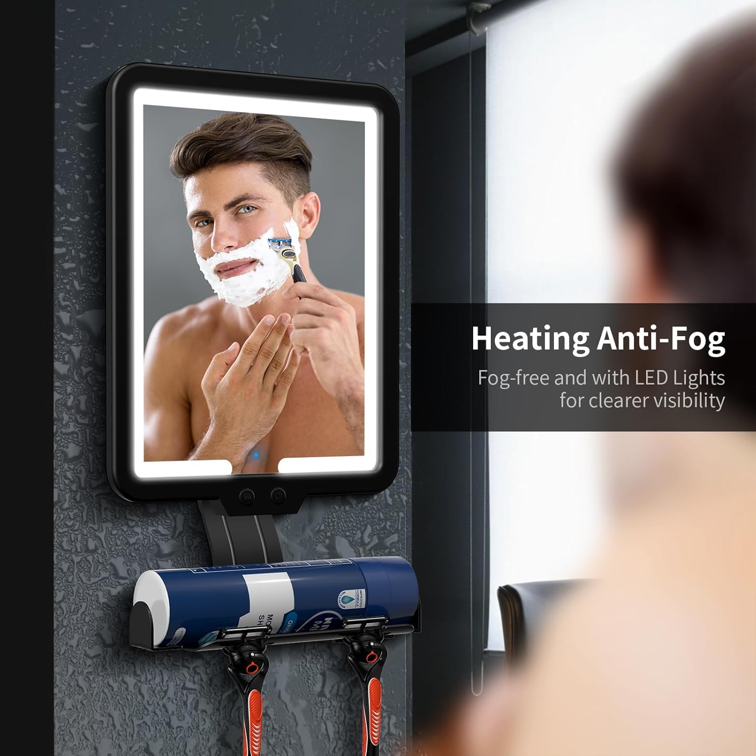 Fog-Free Heated Shower Mirror with Storage for Shaving