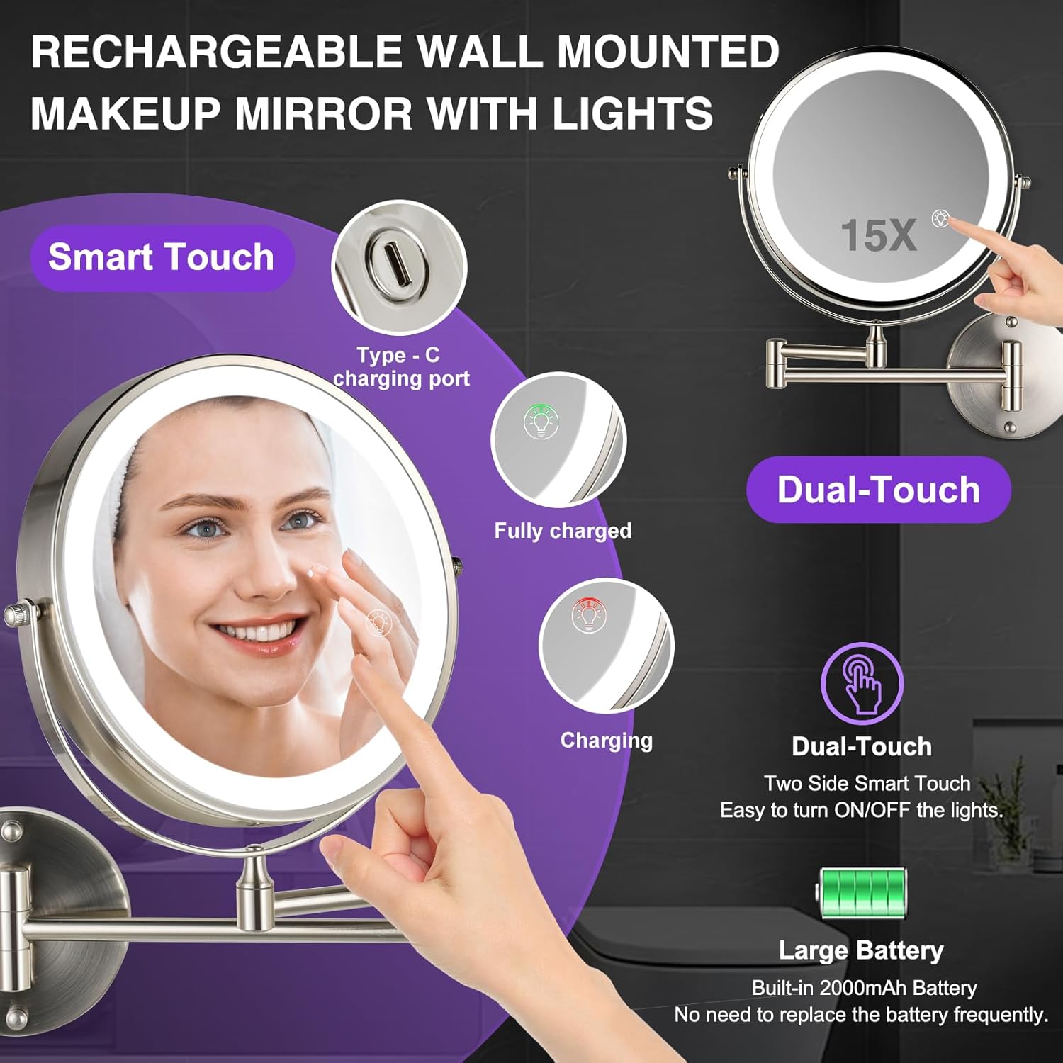 Magnifying Wall-Mounted Mirror wLights - 15-85 Double Sided MakeUp Details