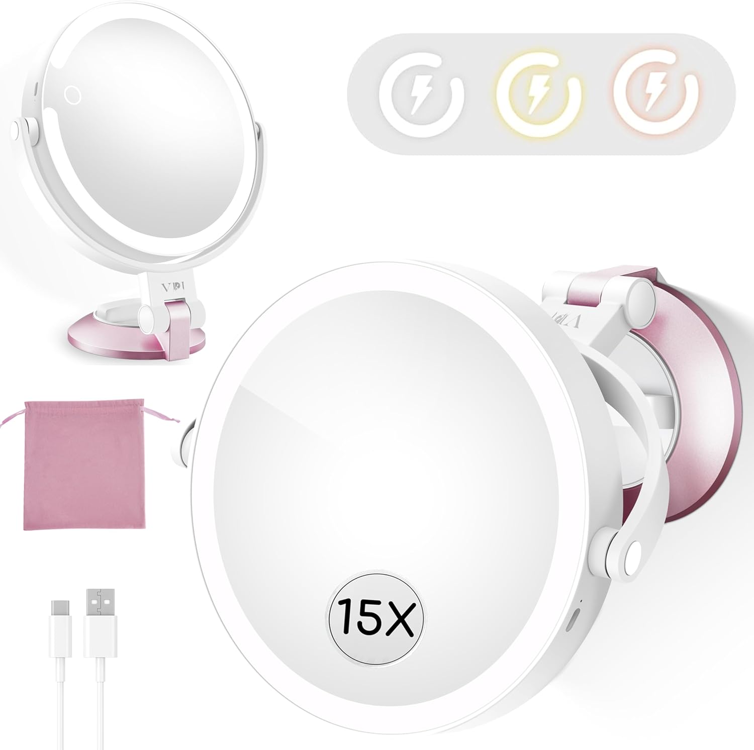 VPU 15X1X Wall-Mounted Magnifying Mirror with Lights